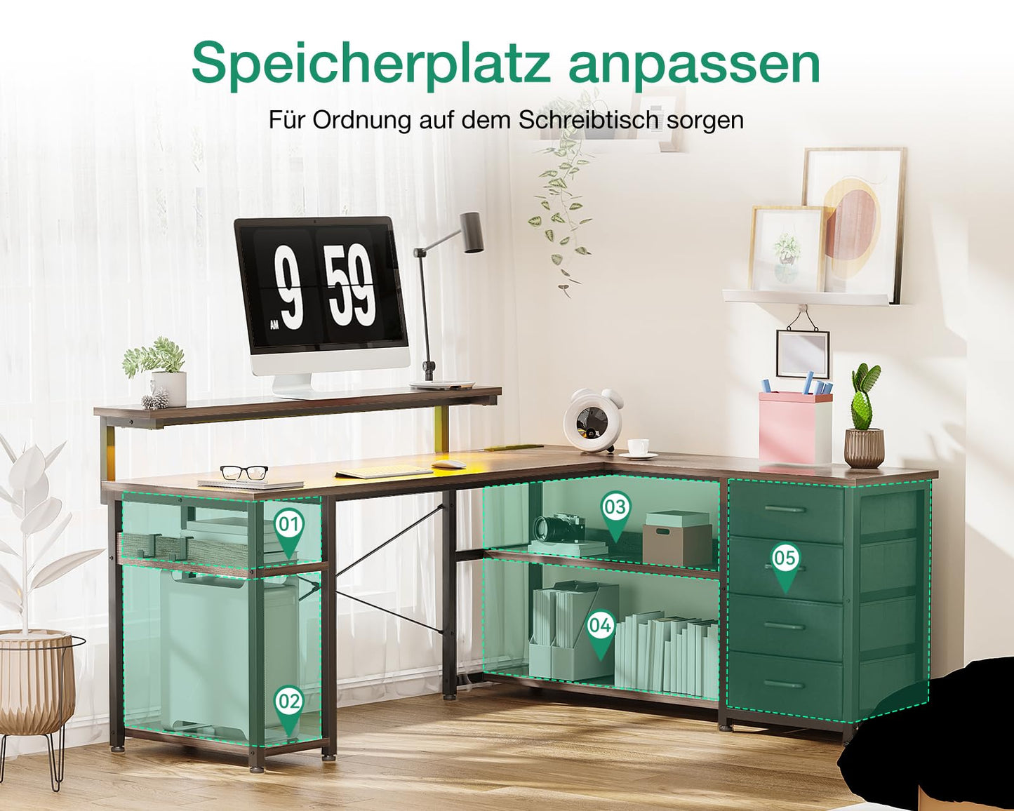 ODK Schreibtisch mit Schubladen, Reversible Eckschreibtisch mit 2 Steckdosen und 2 USB Ladeanschluss, Bürotisch L Form mit LED für Home Office 135×110cm (Graueiche)
