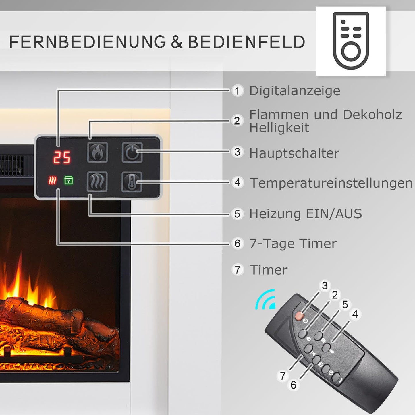BALDERIA Finn Electric Fireplace, Electric Standing Fireplace, 3D Flame Effect, LED Ambient Lighting, Heating 2000 W, Timer, Thermostat, Start Control, Open Window Battery, Remote Control, Dark Oak