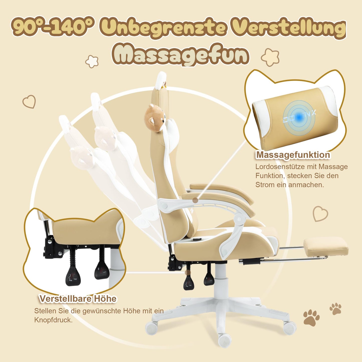 Dowinx Gaming Chair - Cute Cat Edition - Ergonomic Computer Chair with High Back and Lumbar Support, PU Leather, Footrest, Black