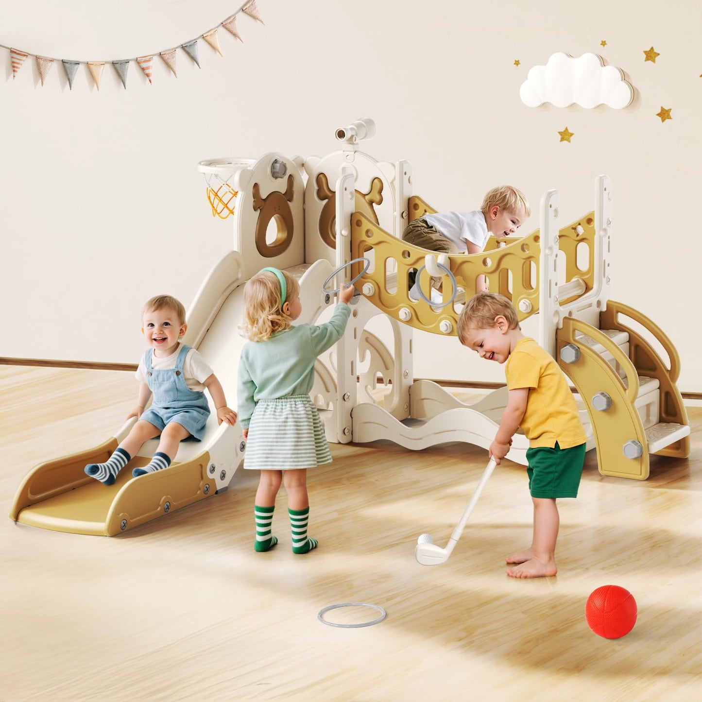 Krovtoy Kleinkindrutsche mit Weihnachtselch-Motiv, freistehende Kleinkindrutsche mit Golf-Set, Babyrutsche, Spielplatzgerät, für den Innen- und Außenbereich (Grau Beige - 6 in 1)