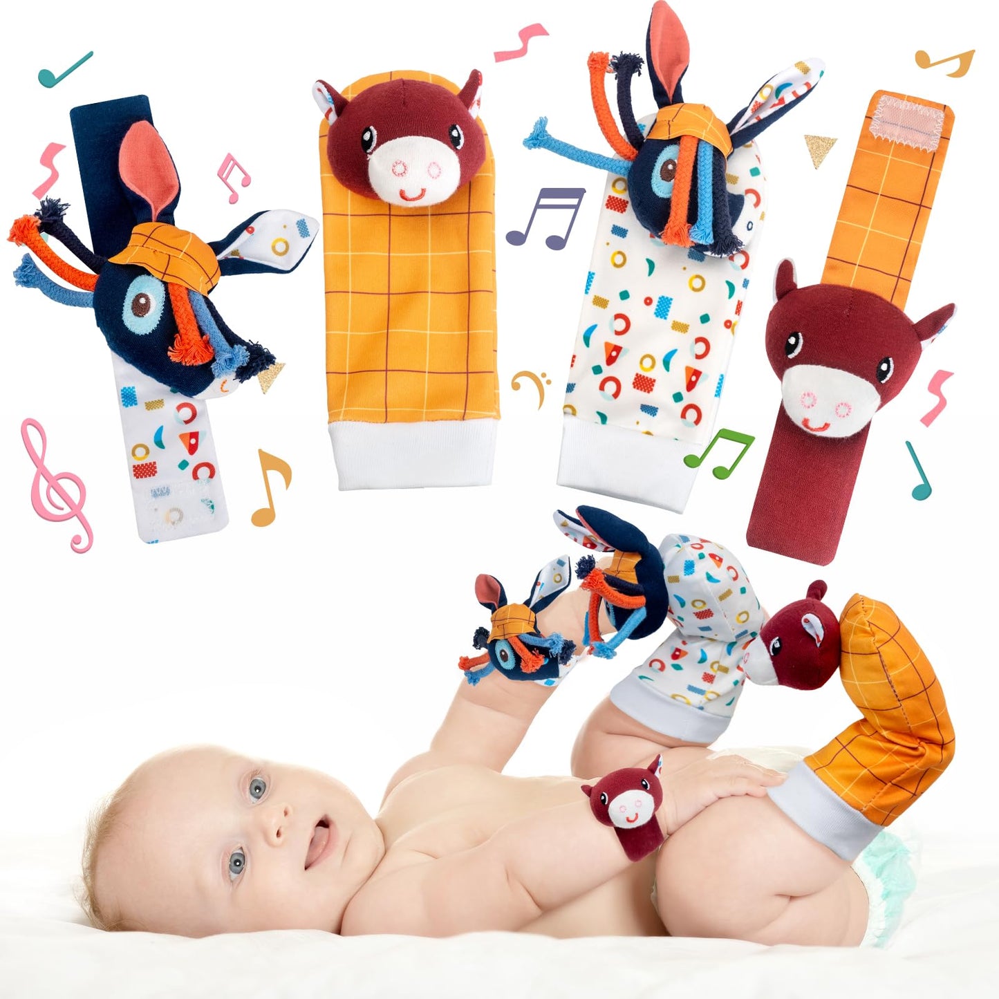Accevo Baby Handgelenk Rassel Socken, Säugling Rassel Socken und Baby Hand Rasseln Handgelenk, Neugeborenes Hand & Fuß Spielzeug für 0-12 Monate,Baby Shower Geschenke Set mit Handgelenk Rassel Socken