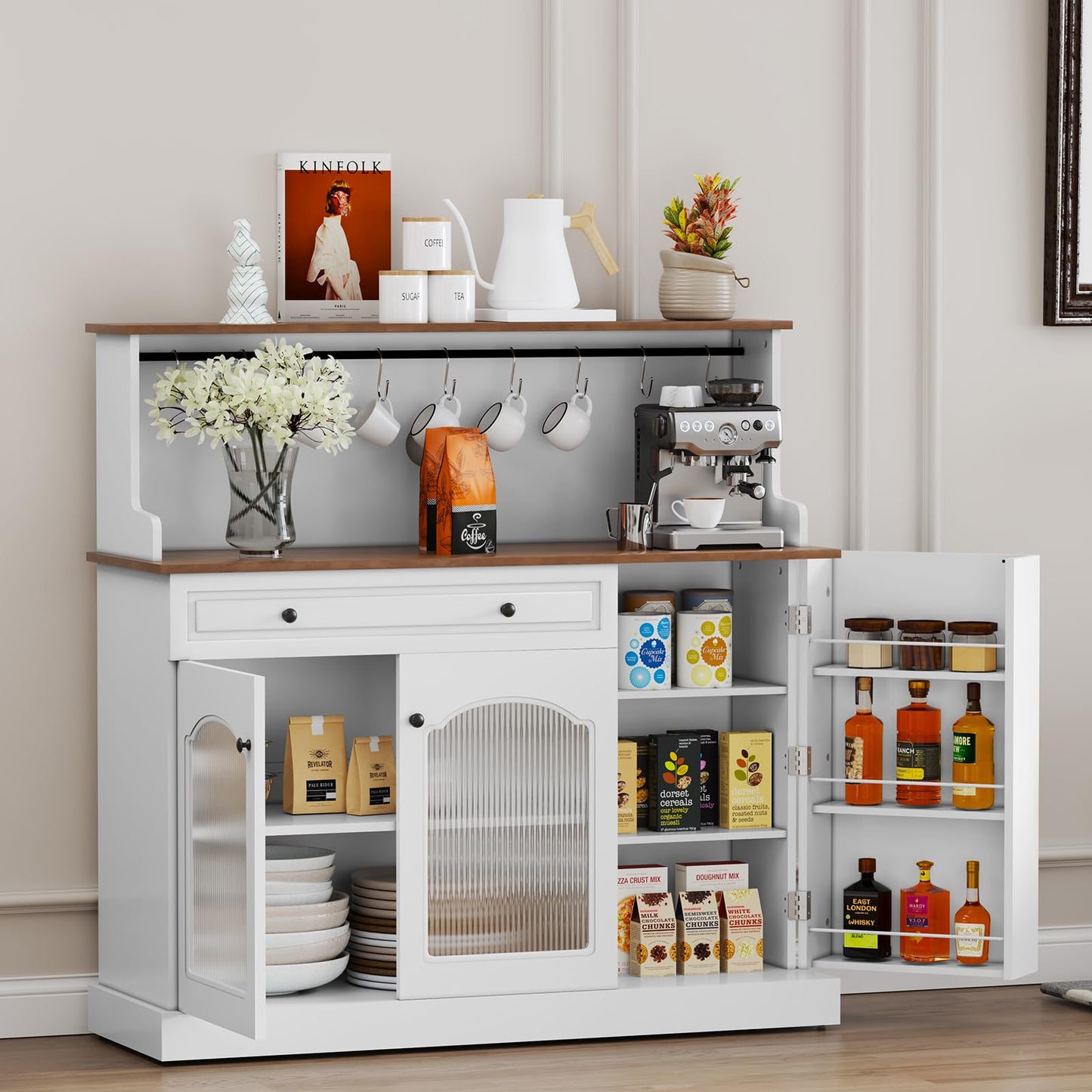 HOLTICO Küchenschrank mit Arbeitsplatte, Küchenbuffet Buffetschrank Grün, Weinschrank mit Schublade und Oberer Ablage, Kommoden & Sideboards für Wohnzimmer, Esszimmer