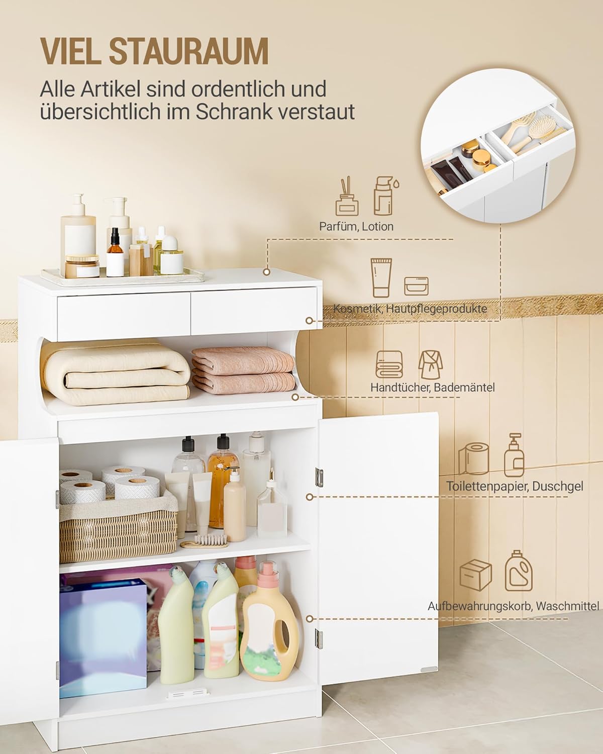 Hzuaneri SC63903X Bathroom Cabinet Storage Cabinet with 2 Drawers and 2 Doors Kitchen Cabinet Chest of Drawers Adjustable Shelf for Bathroom Drawing Room 30 × 60 × 90 cm White