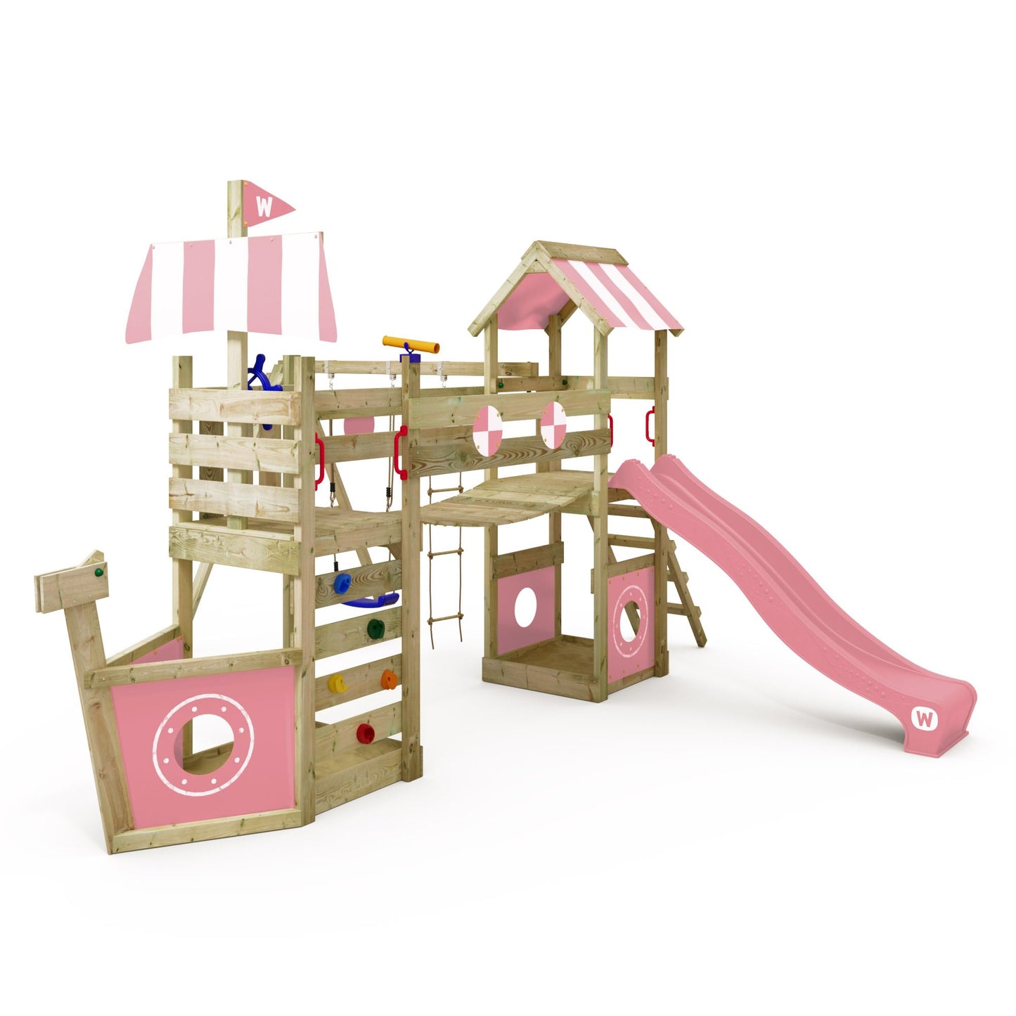 WICKEY Spielturm Klettergerüst StormFlyer mit Schaukel & roter Rutsche, Outdoor Kinder Kletterturm mit Sandkasten, Leiter & Spiel-Zubehör für den Garten