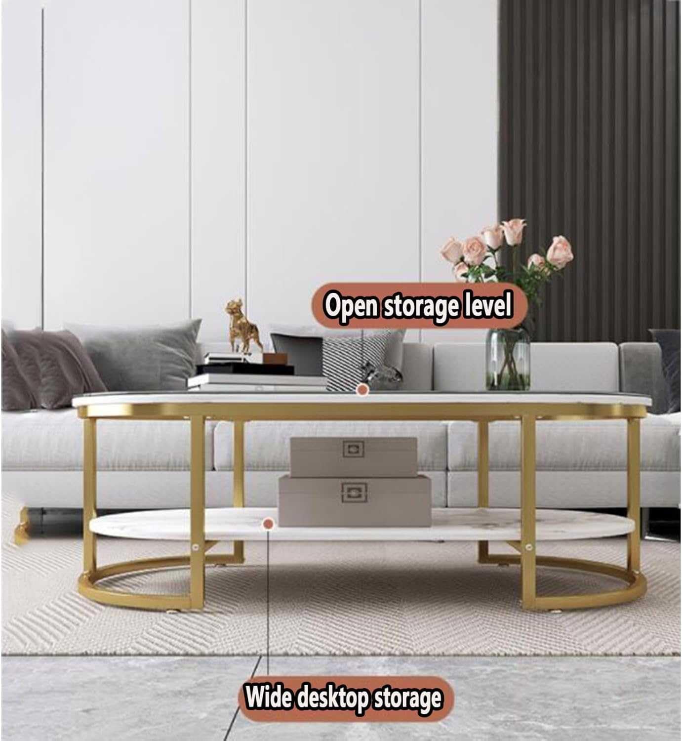 100-120 cm Oval Coffee Table Made of Nordic Marble, Creative Metal Side Table, Fashion Wrought Iron Living Room Table, Home Living Room Furniture, Coffee Table