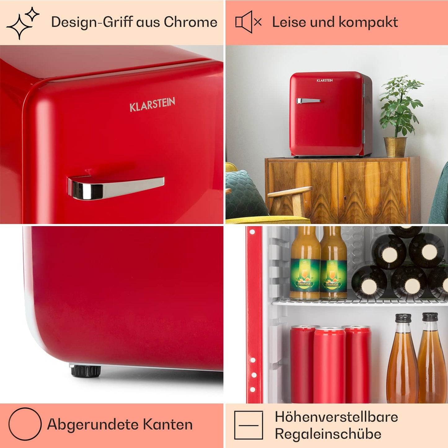 Klarstein Kühlschrank, Mini-Kühlschrank für Getränke, Kühlschrank Klein, Kleiner Kühlschrank Lautlos, Skincare Fridge, Vintage Design, Camping Kühlschrank, Minikühlschrank für Zimmer, 0-10°C, 70 L
