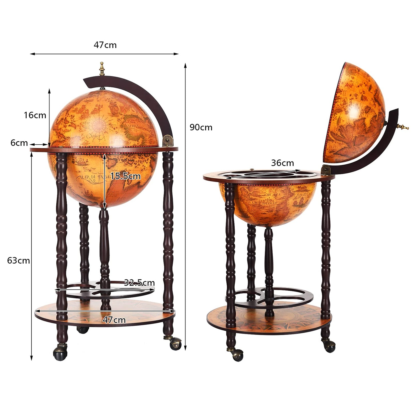 RELAX4LIFE Globe Bar on Wheels, Bar Trolley with World Globe, Bar Table Solid Wood, Serving Trolley with Wine Bottle Holder, Mobile Cocktail Bar, Antique Look, Decorative Mini Bar Serving Table