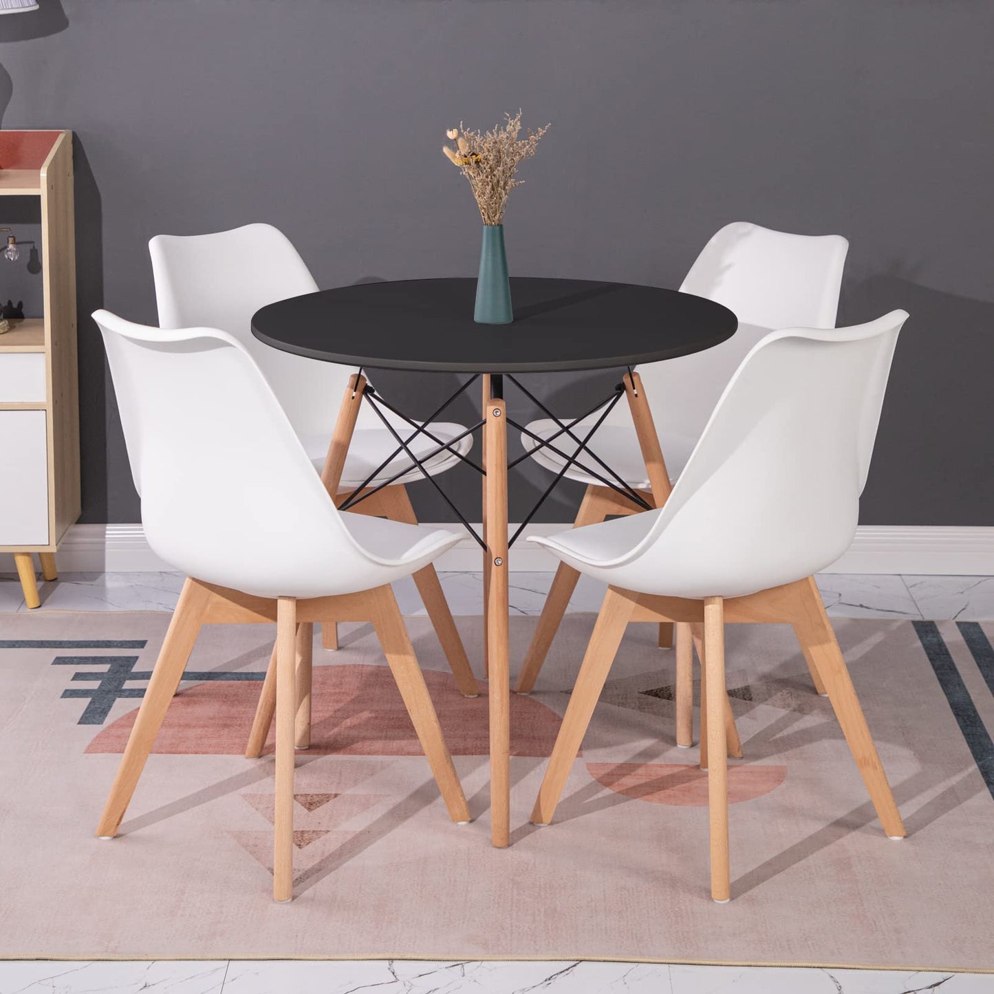 FURNITABLE Round Dining Room Table with 4 White Chairs Dining Room Set for Dining Room Kitchen Living Room