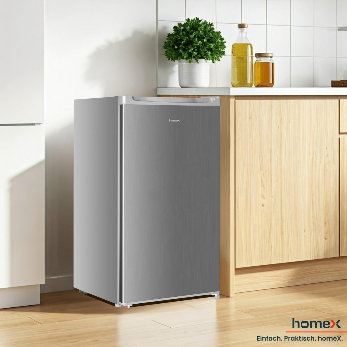 homeX Fridge without Freezer, Full-Room Fridge Small - 88 L Net Capacity, Freestanding and Compact, Table Fridge Quiet 39 dB, Fridge with LED Interior Lighting and Temperature Control, Silver