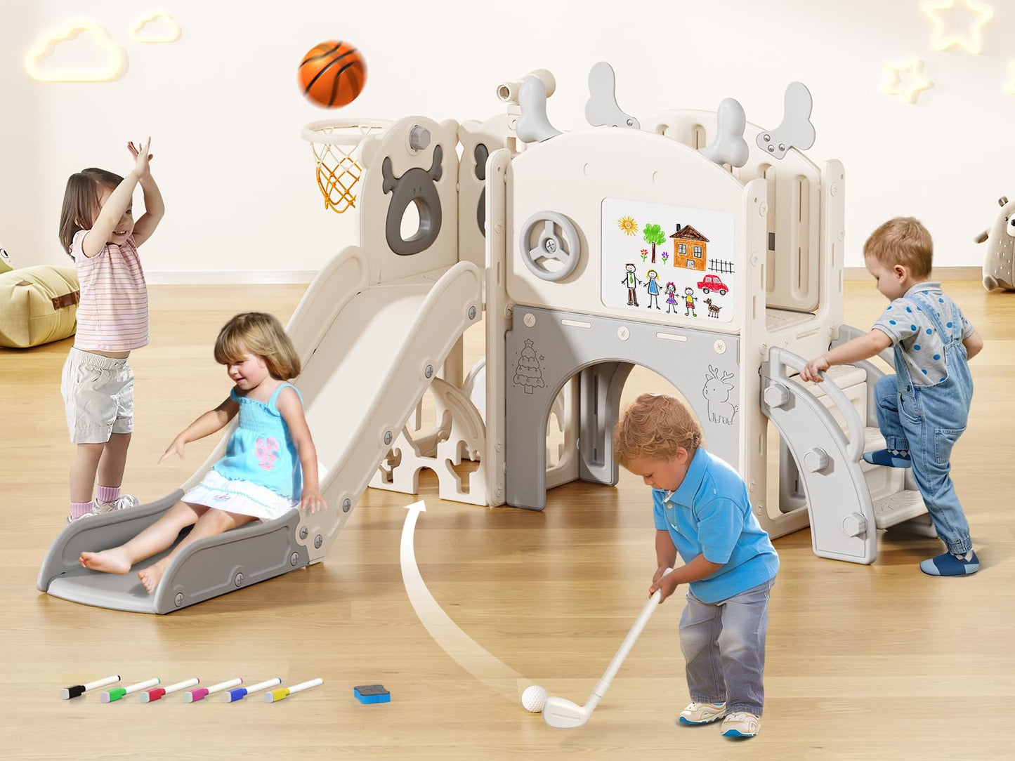 Krovtoy Kleinkindrutsche mit Weihnachtselch-Motiv, freistehende Kleinkindrutsche mit Golf-Set, Babyrutsche, Spielplatzgerät, für den Innen- und Außenbereich (Grau Beige - 6 in 1)