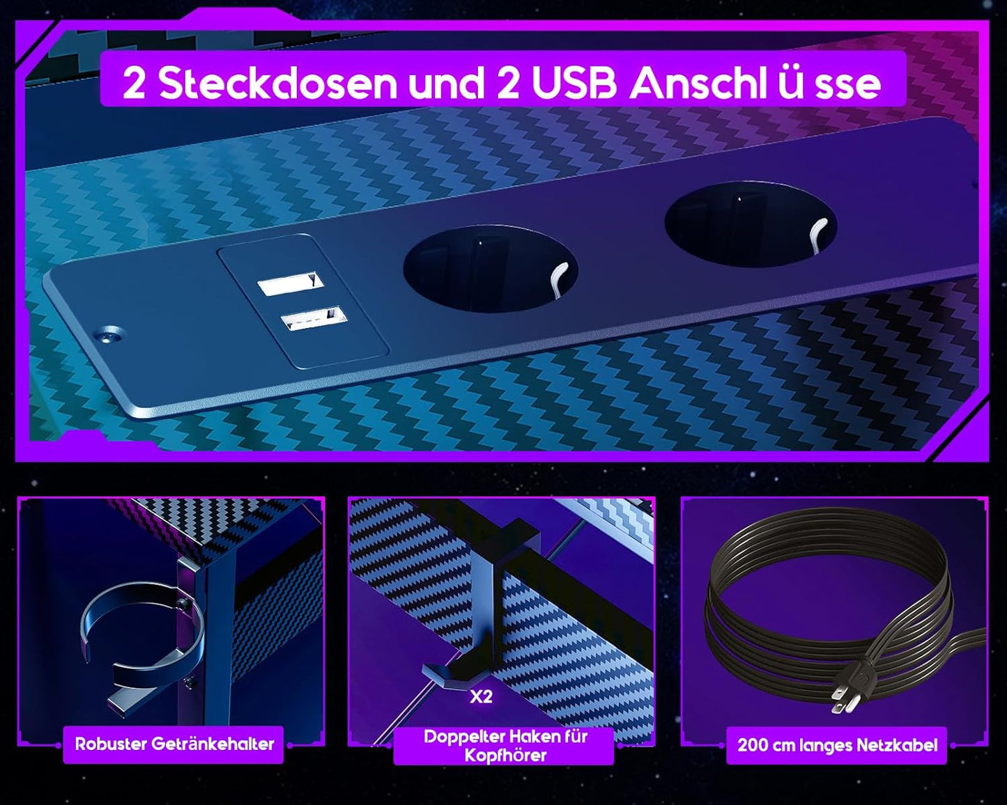 ODK Gaming Tisch mit LED, Gaming Schreibtisch mit 2 Steckdosen und 2 USB Ladeanschluss, PC Tisch Gaming mit großzügiger Monitorablage, Gamer Schreibtisch in Kohlefaser Weiß, 129x129 cm