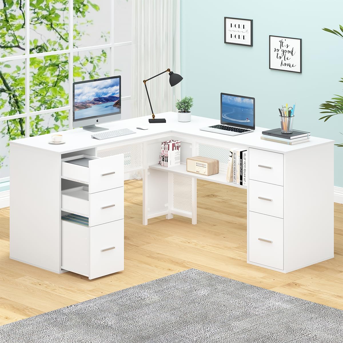 HSH - Black L Shape Corner Desk with Filing Drawers and Shelves, Reversible Corner Desk Made of Metal and Wood with Storage Cabinets