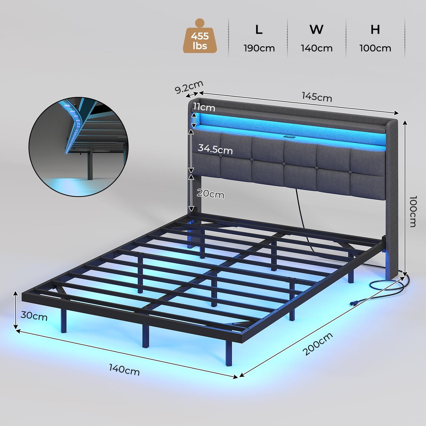AOGLLATI Upholstered Bed 140 x 200 cm, Double Bed Frame, Bed Frame with LED Lighting and Charging Station, Bed Frame with Headboard, Bed Floating Bed Frame, Metal Bed, Linen, Dark Grey (without