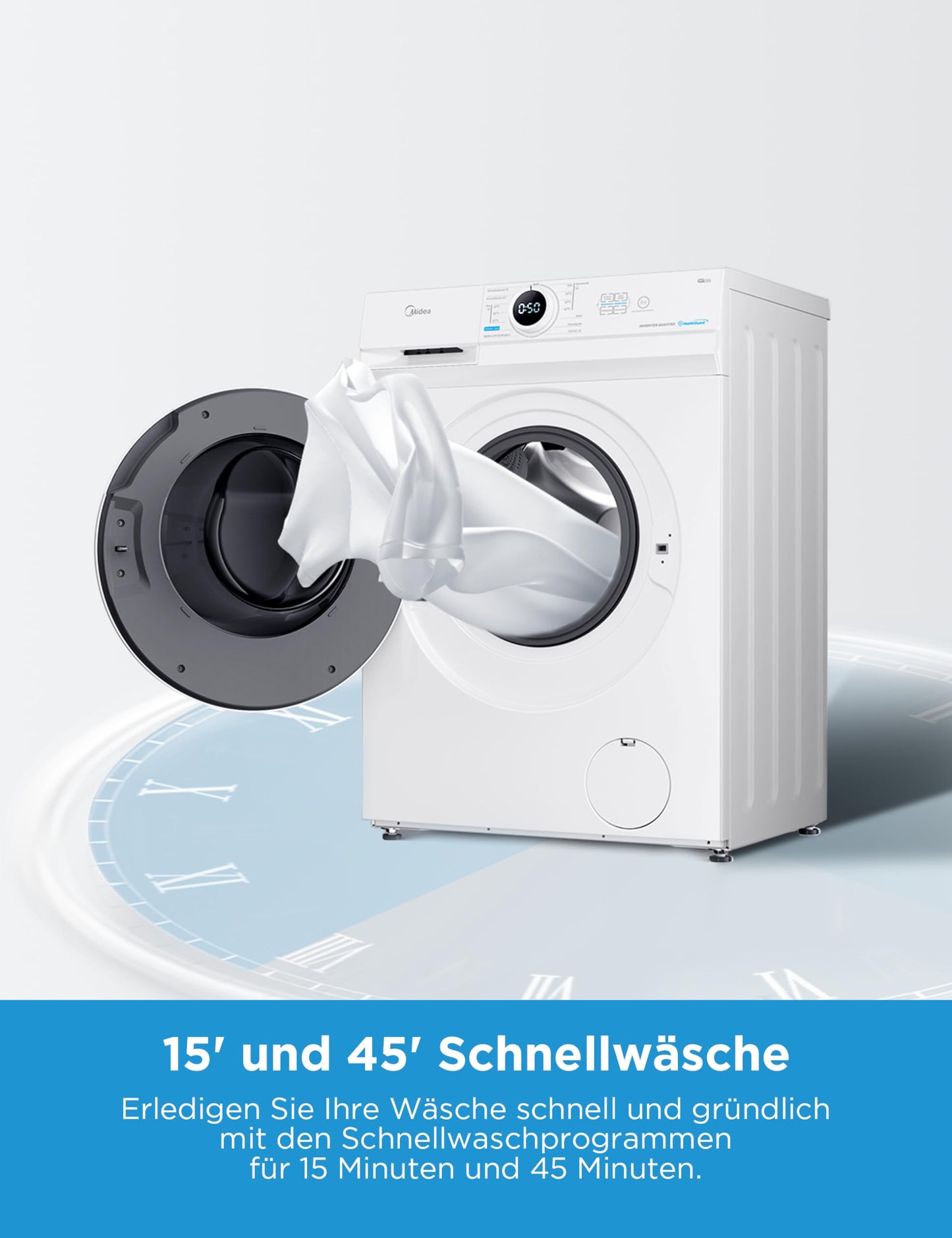 Midea MF10EW70BA10 Waschmaschine / 7kg / 1400 U/Min/EEK A-10%/Inverter Quattro Motor/Dampffunktion/Grosse Trommel/Nachlegefunktion/Kindersicherung/AquaStop, Weiß