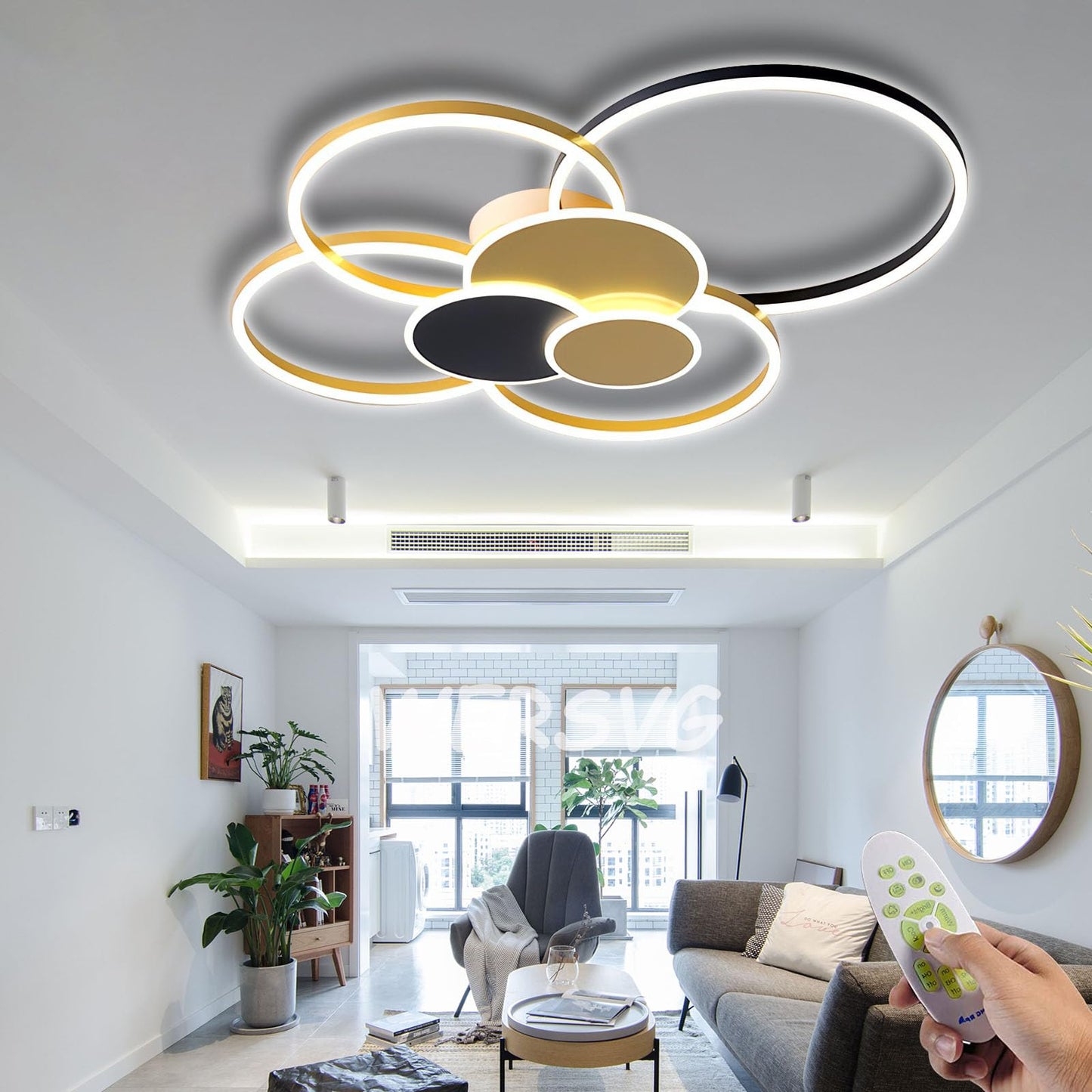 WERSVG L80cm Modern LED Deckenleuchte Wohnzimmer Deckenlampe gold 6-Ring Deckenleuchte 70W 5600LM Dimmbar 3500K - 6500KMit Fernbedienung flurlampe decke, für Wohnzimmer Schlafzimmer Küche Esszimmer