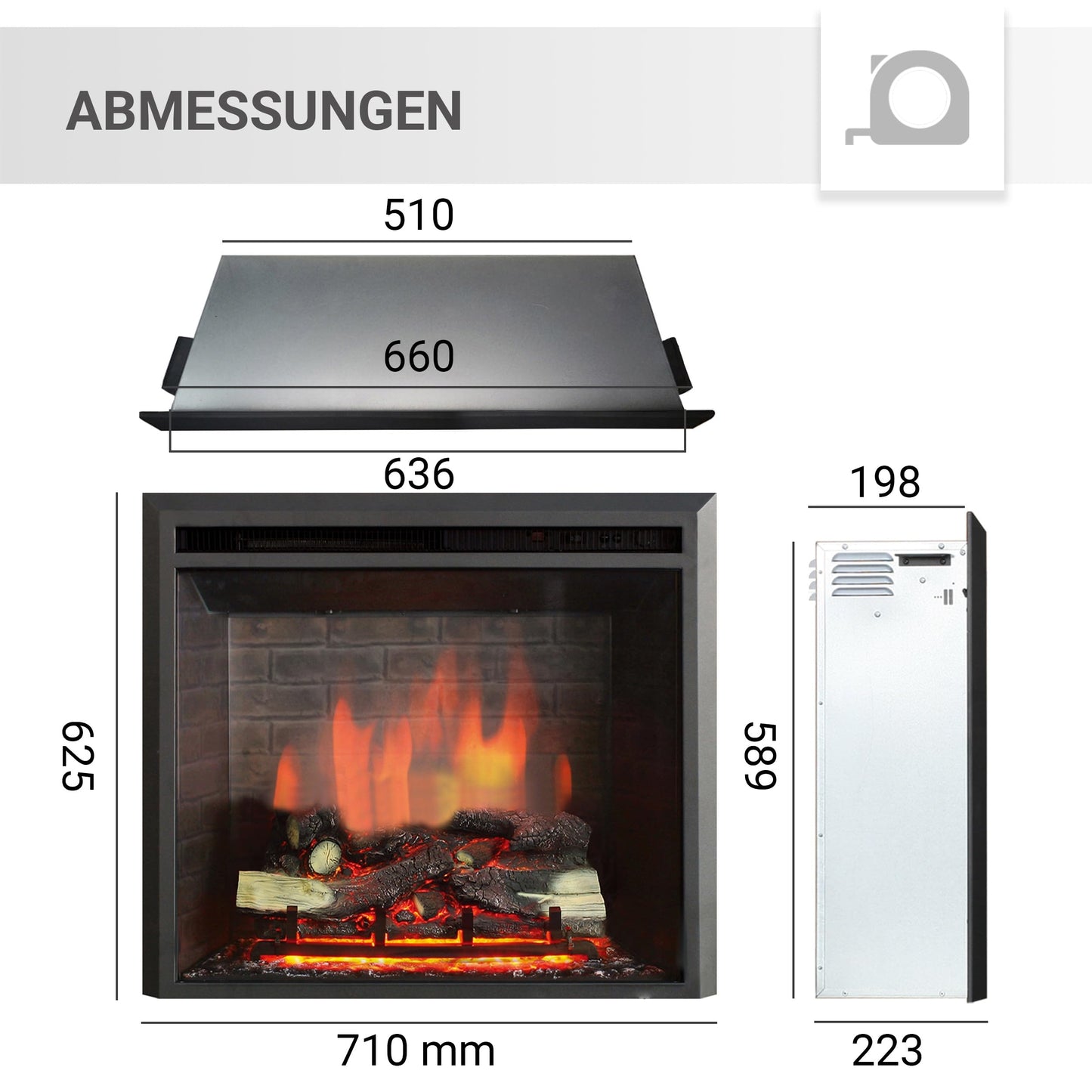 BALDERIA Calida 26" Elektrokamin - Elektrischer Einbaukamin mit 3D-Flammeneffekt | Elektro Heizung 2000W | Knister-Sound | Kamin mit Fernbedienung & Thermostat | Schwarz