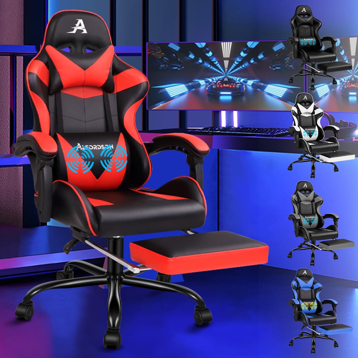ALFORDSON Videospielstuhl, ergonomischer Bürostuhl, Massage-Rennstuhl, einziehbare Fußstütze, PU-Leder, höhenverstellbar und neigbar, 180 kg Tragkraft, Schwarz