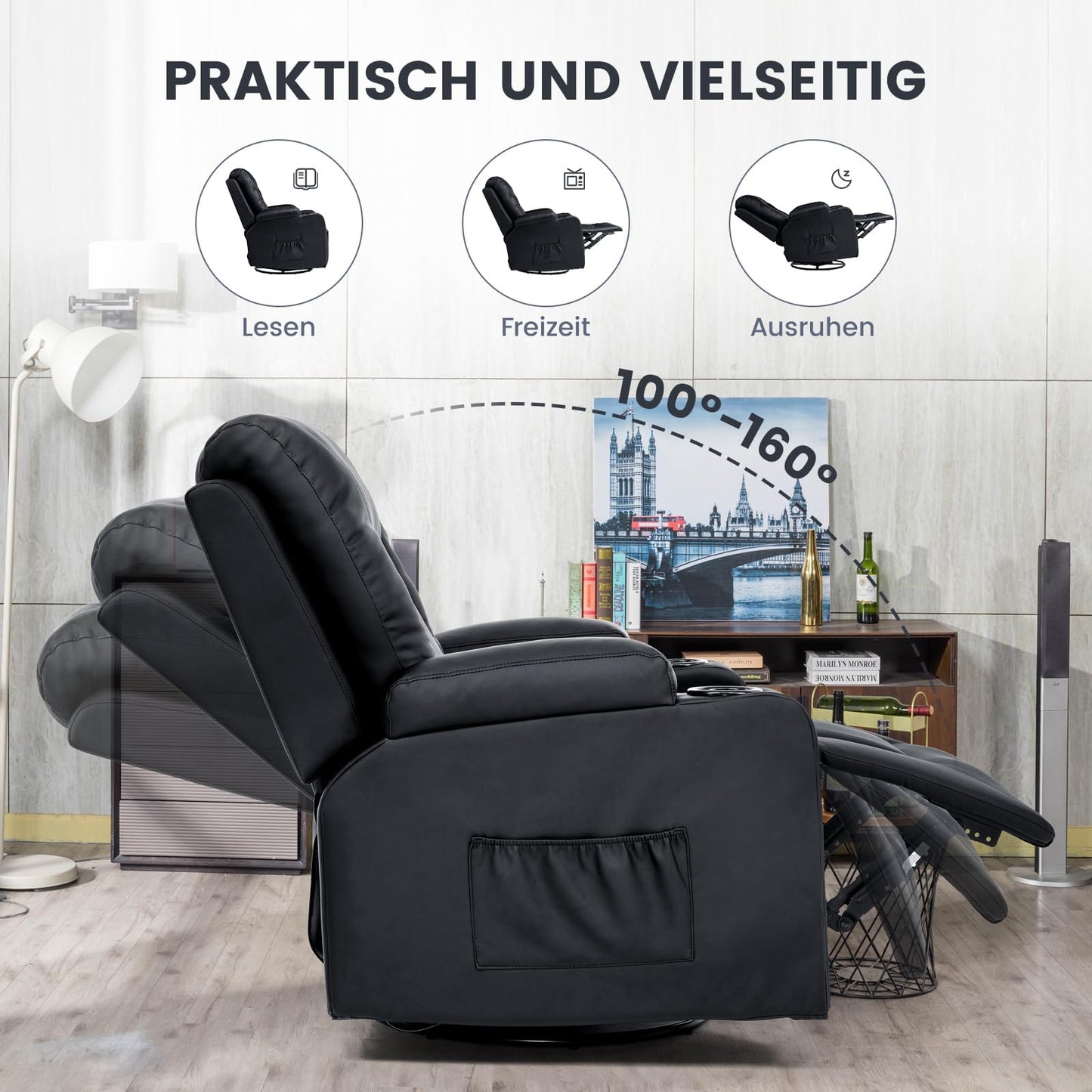 COMHOMA Relaxsessel-Set, Sofa, Sofa-Set aus Kunstleder, Fernsehsessel Ruhesessel Liegesessel mit Liege-Funktion Polstersessel Schlafsessel für Wohnzimmer Schlafzimmer Heimkino,Schwarz, 3+2+1