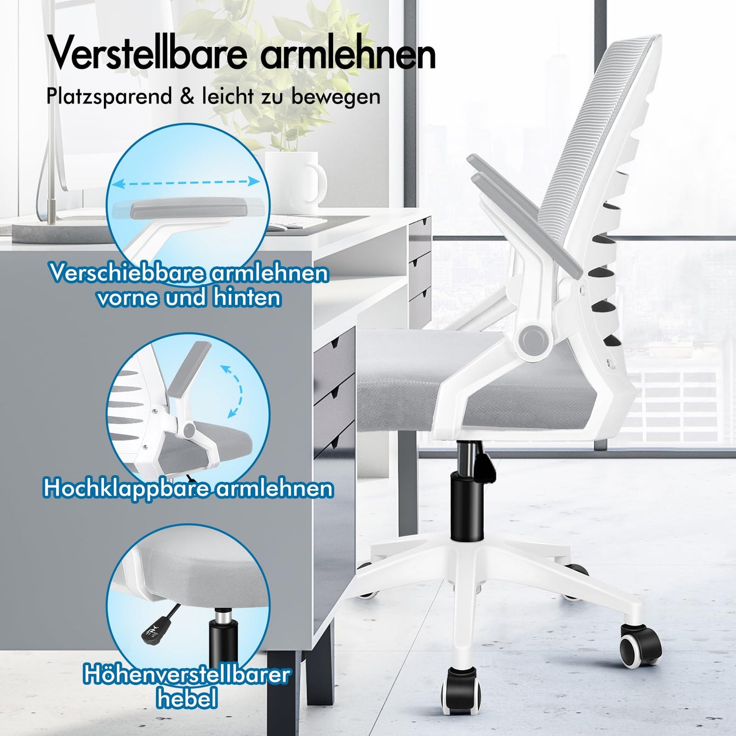 ALFORDSON Bürostuhl, Lendenstütze, Atmungsaktives Netz und Stoff, Hochklappbare/Verstellbare Armlehnen, Hochwertiger Schaumstoff, 180kg für Zuhause & Gaming, Wale, Schwarz