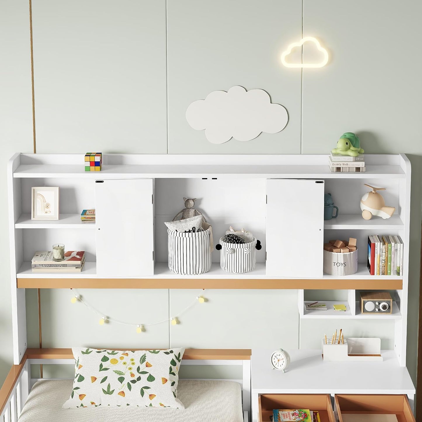 Merax Children's Bed 90 x 200 cm with Fall Protection, Children's House Bed with Drawers and Storage Shelf, Sturdy Wooden Tree House Bed with Slatted Frame, Play Bed for Boys and Girls, White