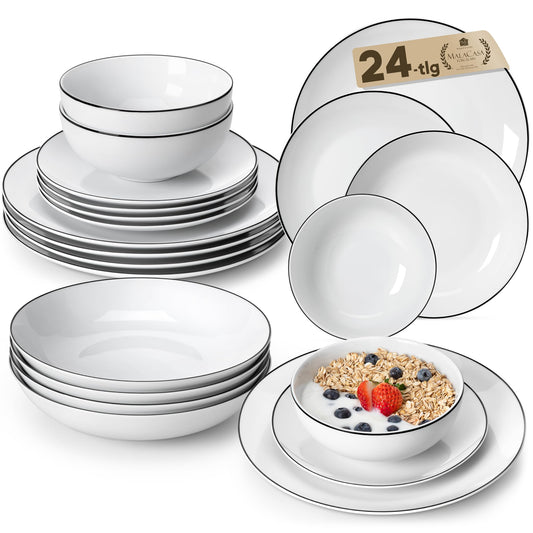 MALACASA Geschirrset 6 Personen, Amelia 24-tlg Modernes Porzellan Geschirr Set, Tafelservice mit je 6 Speiseteller, Dessertteller, Suppenteller und Müslischalen, Teller Set 6 Personen - Weiß