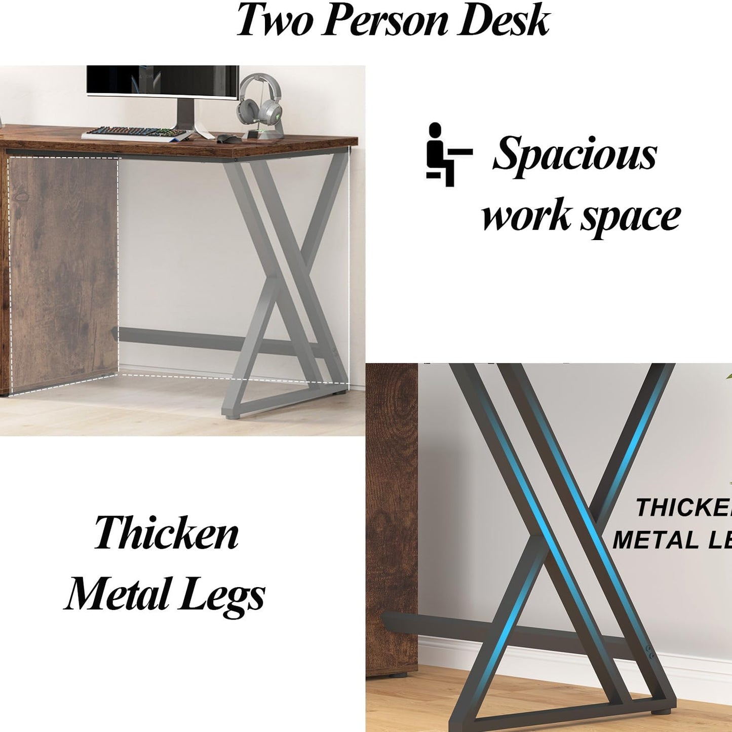 LVB Schwarz Large Double Industrial Computer-Schreibtisch mit Schubladen, Extra Lange Gaming-Tabelle mit Lagerung Schrank Regale, Holz-Metall-Computer-Schreibtisch