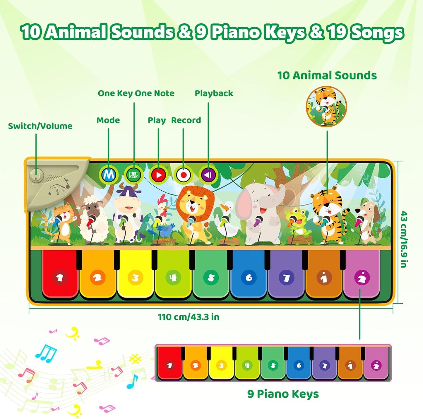 Rodzon 63301 Baby Spielzeug ab 1 Jahr, Musikmatte Kinder 19 Liedern 10 Tieren, Kinderspielzeug ab 1 2 3 Jahre Klaviermatte Geschenk Mädchen Junge Weihnachts Geburtstag