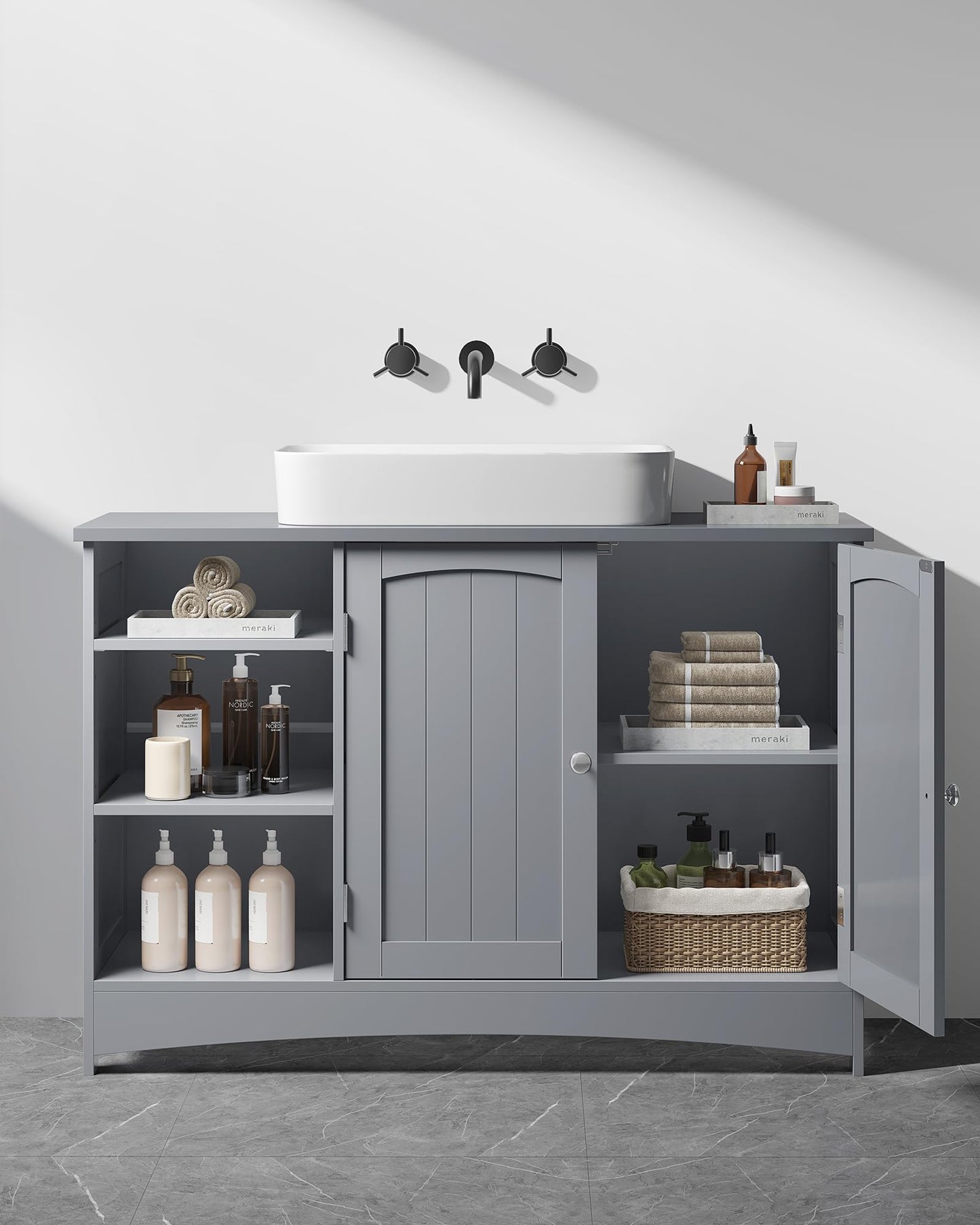 VASAGLE BBC410P31 Vanity Unit Extra Long 30 x 90 x 60 cm 2 Doors Bathroom Cabinet Open Compartments Height Adjustable Shelves White