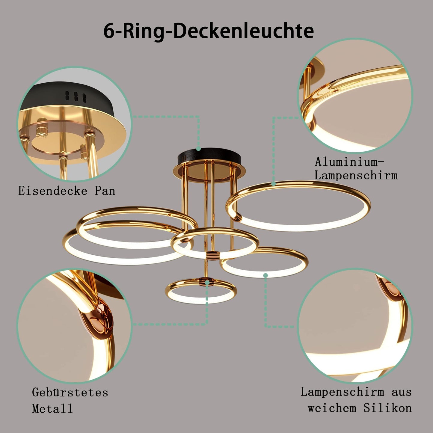 LED Deckenleuchte Modern Design Deckenlampen Gold 5-Ring Lampen Dimmbar Wohnzimmerlampe mit Fernbedienung, Aluminium Led Beleuchtung für Wohnzimmer Schlafzimmer Küche Esszimmer Büro 93cm, 108W…
