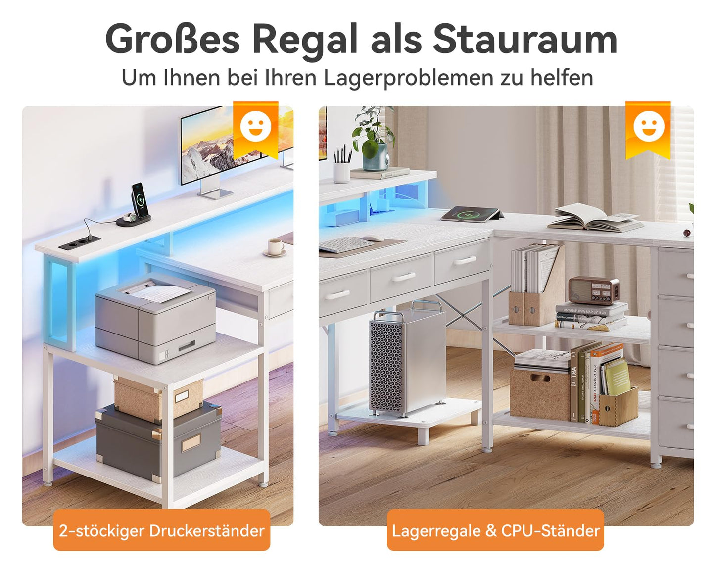 Coleshome Gaming Tisch mit 7 Schubladen & Großzügigem Stauraum, Eckschreibtisch mit RGB LED, Reversibler Schreibtisch L Form mit 2 Steckdosen, Ideal für Büro & Gaming, 179.5×135.5cm, Weiß