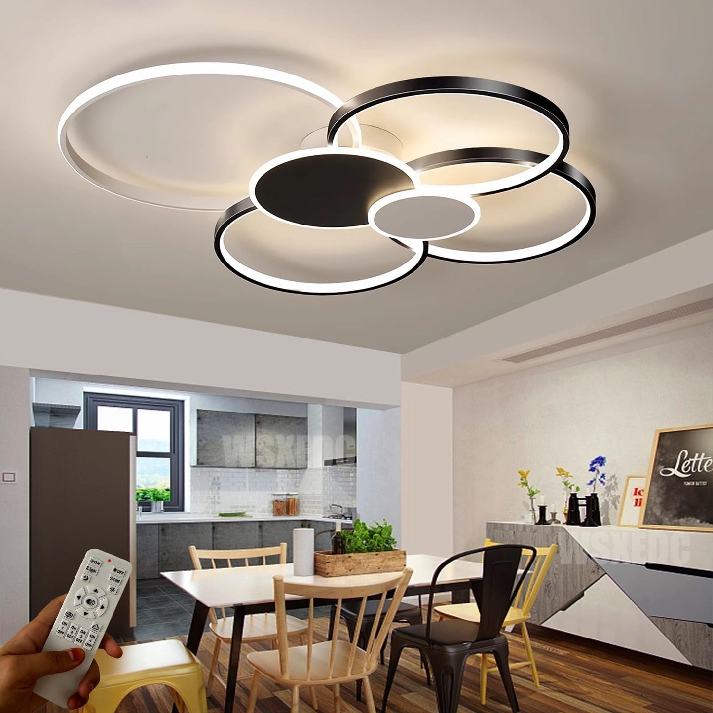 Dimmbare LED 6 Ring Wohnzimmerleuchte LED-Deckenleuchte moderne kreative Deckenbeleuchtung Innenbeleuchtung für die Augenpflege Für Schlafzimmer Büro Esszimmer Jugendzimmer (Weiß, L80cm 71W)
