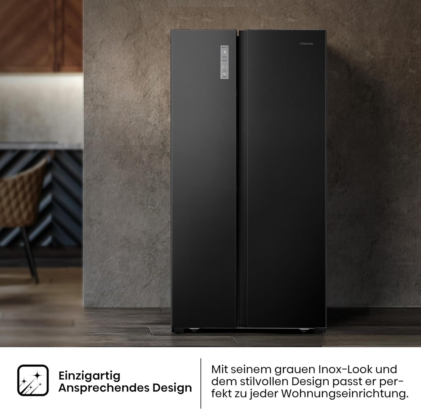 Hisense RS677N4AFC Side by Side Kühl – Gefrier - Kombination,179cm, 519 Liter Gesamtkapazität, EEK: C, LED Beleuchtung, Multi Air Flow, Inverter Kompressor, Touch Display, schwarz