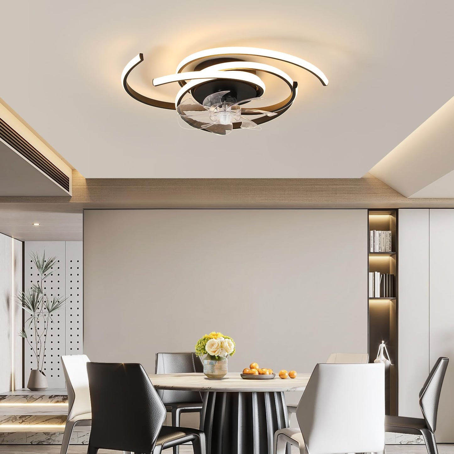 LED Lighting with Mute Ceiling Fan 45W Ceiling Light with Fan Light, App and Remote Control, Creative Shape Acrylic Shade (White) Living Room Bedroom Kitchen (White)