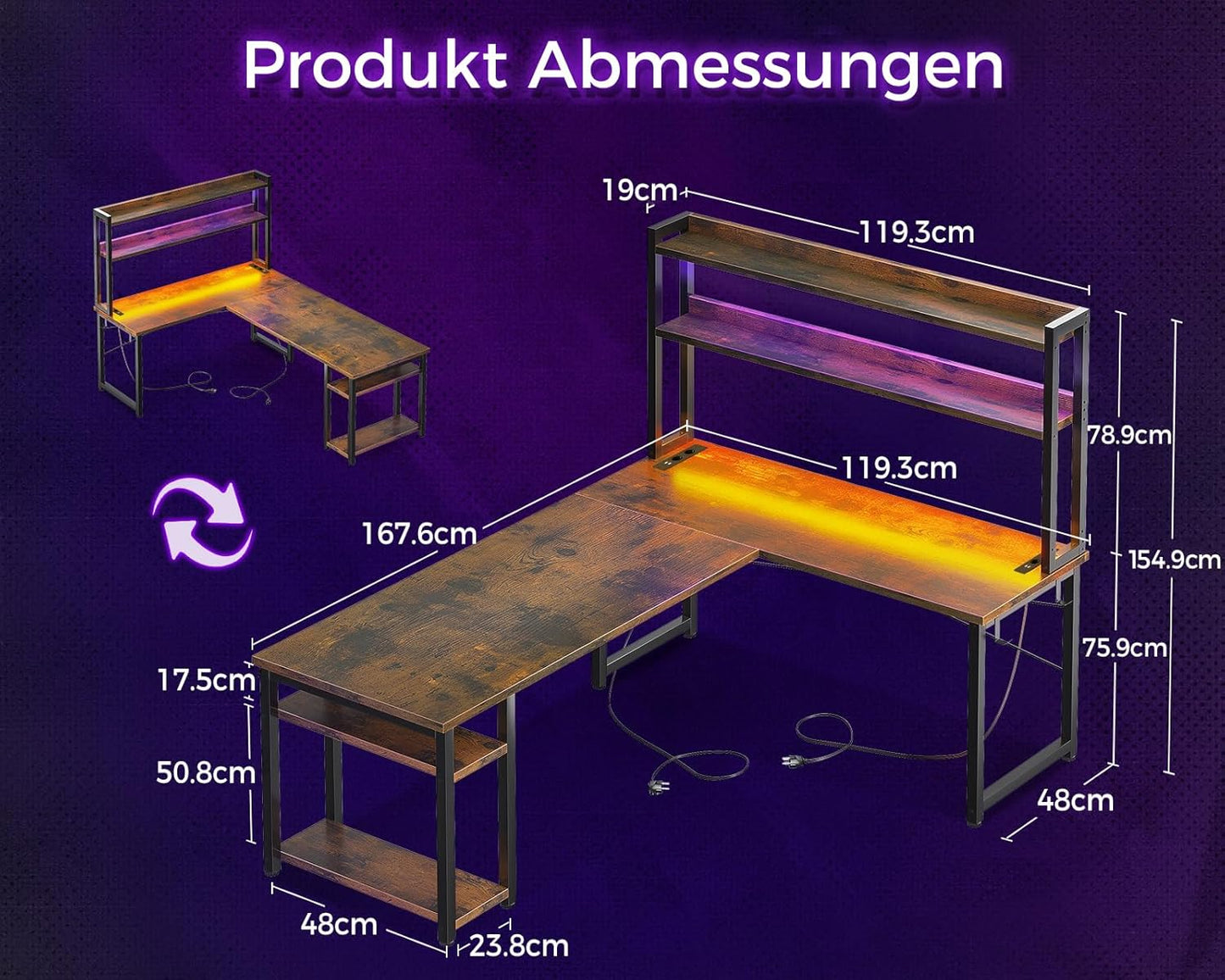 ODK Eckschreibtisch Weiß mit Stall, 150×120 cm Reversibel Gaming Tish L Form mit LED, Computertisch mit USB-Ladeanschluss&Steckdose, Gaming Schreibtisch für das Heimbüro