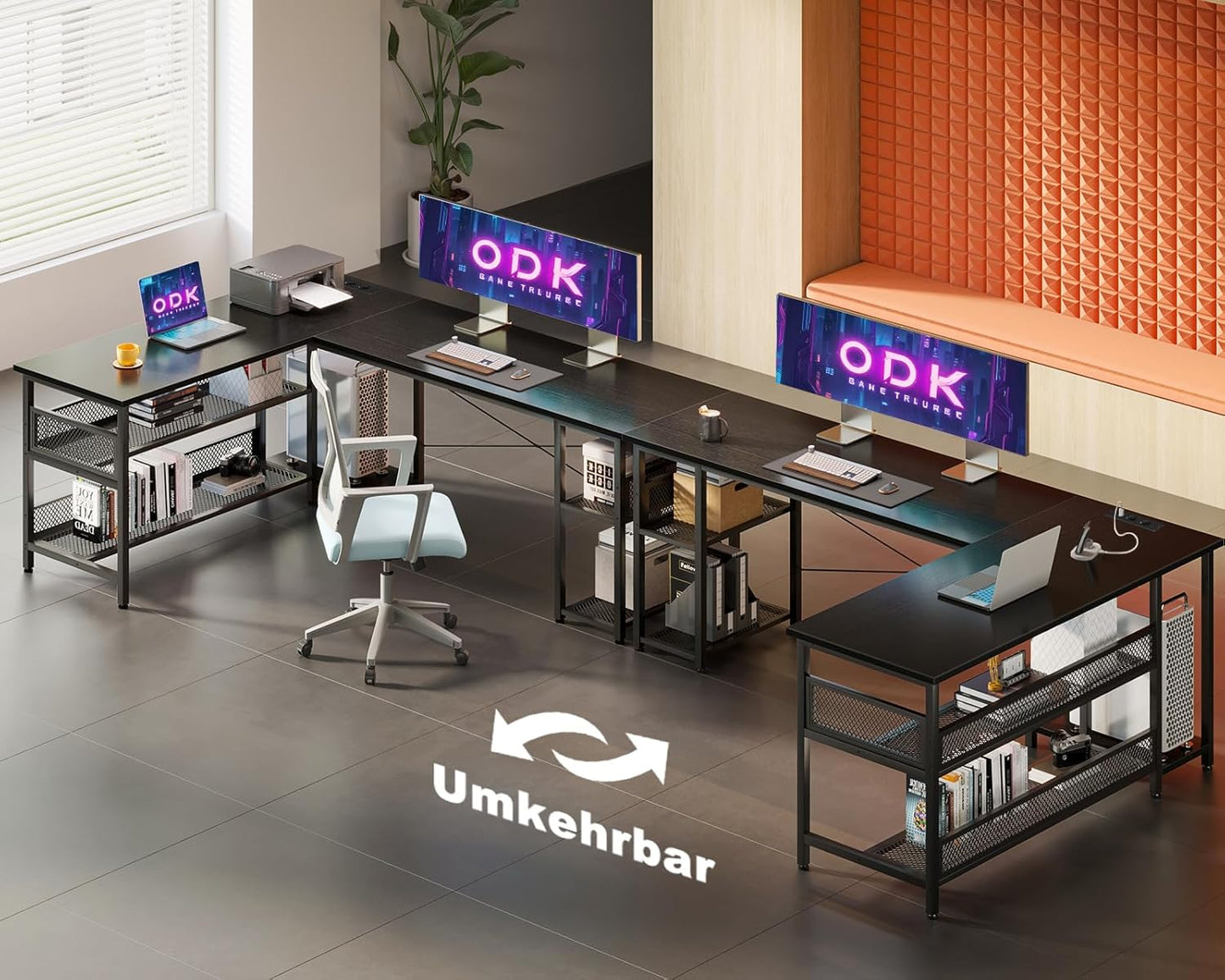 ODK Gaming Tisch, Reversibel Gaming Schreibtisch mit 2 Steckdosen und 2 USB Ladeanschluss, Eckschreibtisch für Office und Gaming, Weiß, 150×102cm