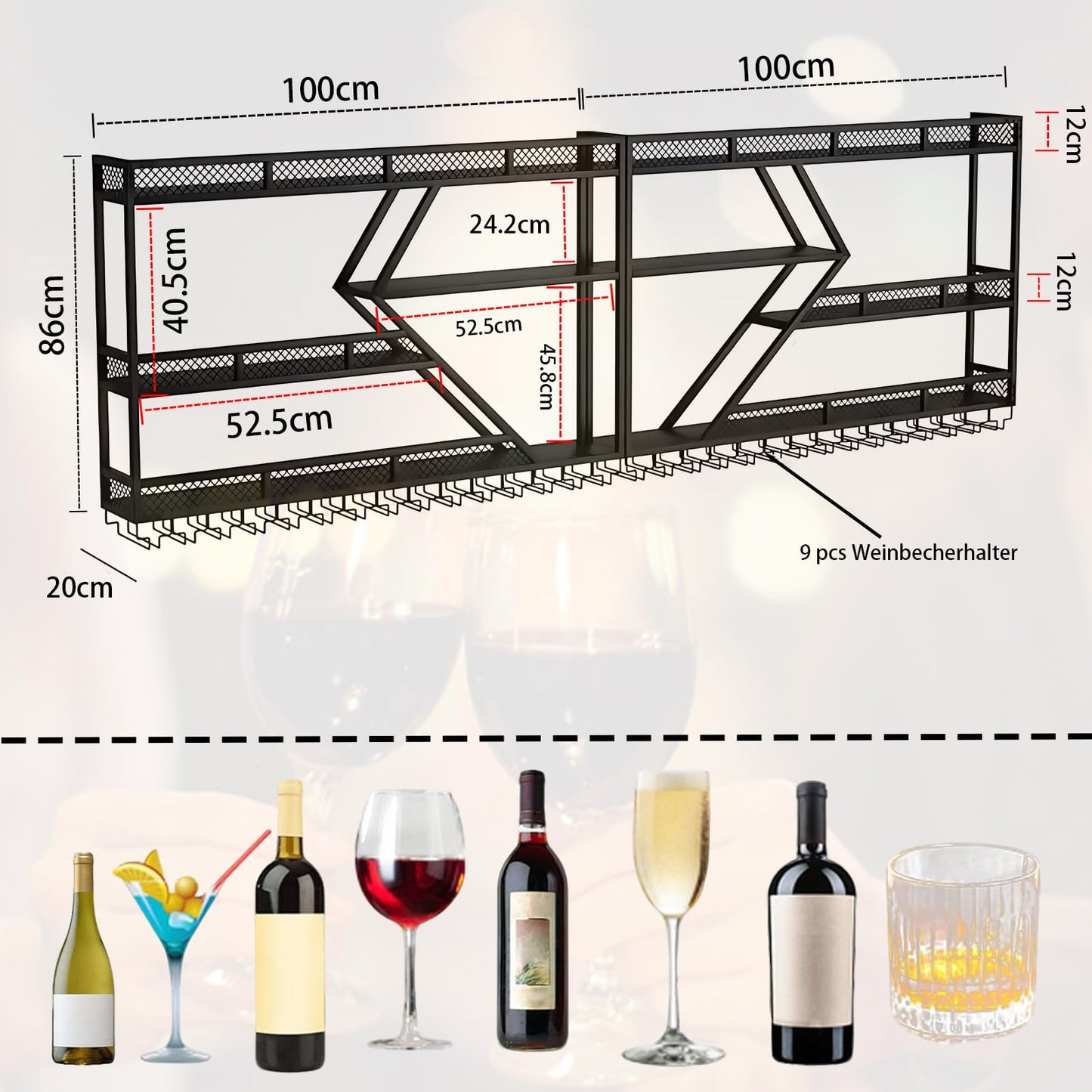 Wall Wine Rack Metal with LED Lighting and Modular Wine Bottle Holder Modern Wine Storage for Home Bar, Kitchen, Catering Robust Holder + Easy Assembly (Includes Dowels) (Black, 2.4 m)