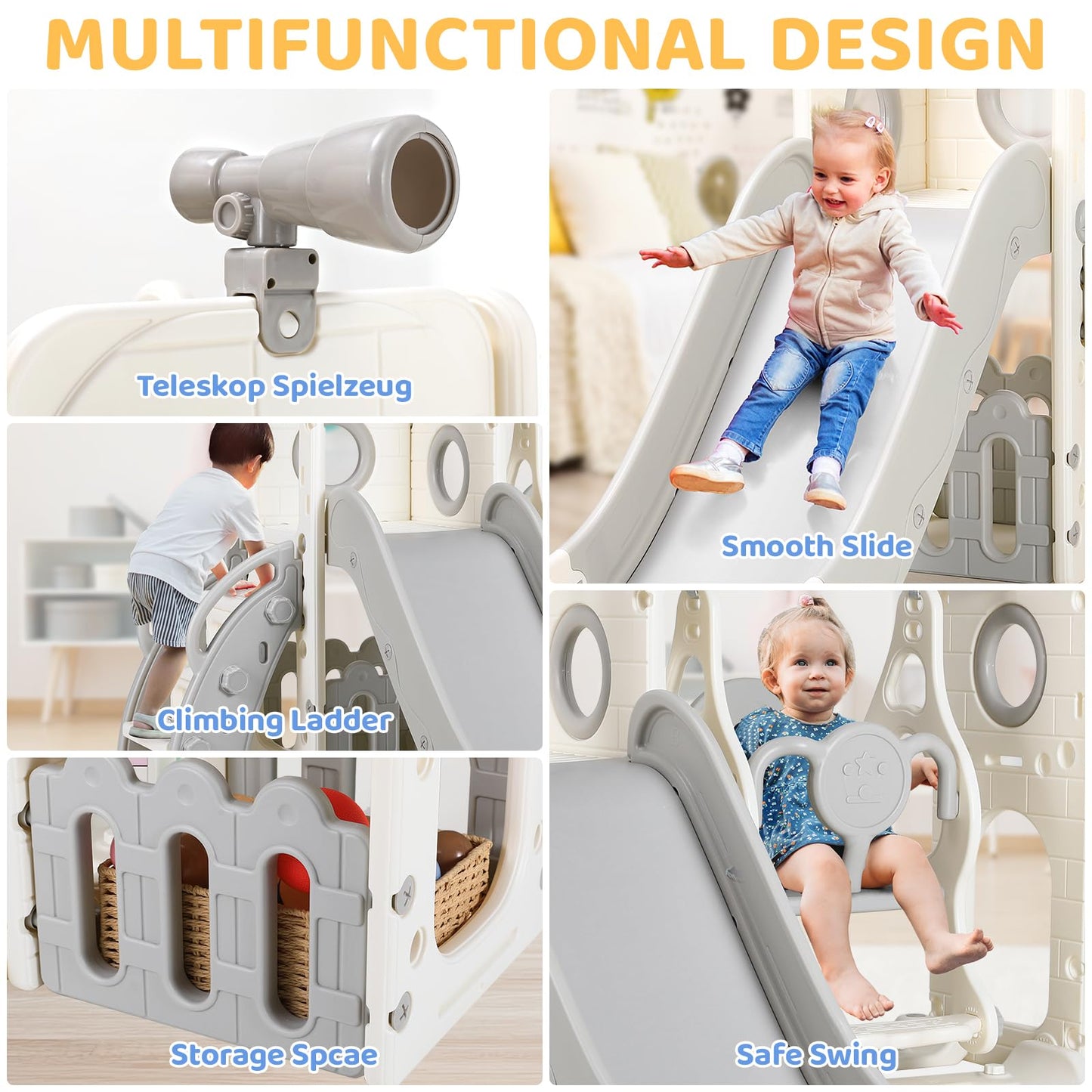 Swing Slide, 5-in-1 Children's Slide with Swing, Climbing Frame, Telescope, Storage, Indoor and Outdoor Freestanding Slide, Playground for Toddlers, for Max 60 kg from 1-6 Years, 2 Pieces Modules