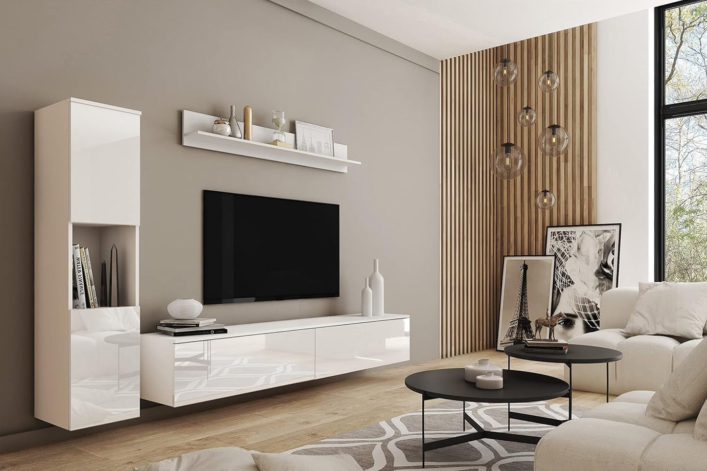 MINIO go for it - Parma XL Wall Unit, 4-Piece Set, with LED Lighting, Hanging or Standing, 2 x Highboard, Lowboard, Wall Board, Laminated Chipboard, Colour: Wotan Oak