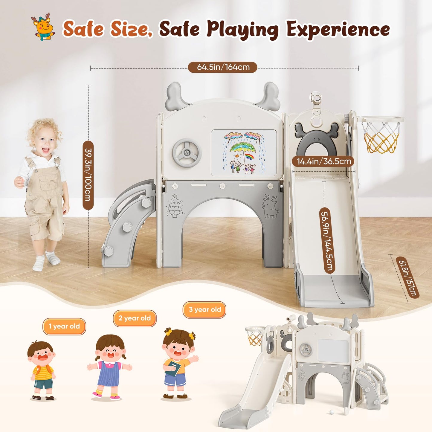 Krovtoy Kleinkindrutsche mit Weihnachtselch-Motiv, freistehende Kleinkindrutsche mit Golf-Set, Babyrutsche, Spielplatzgerät, für den Innen- und Außenbereich (Grau Beige - 6 in 1)