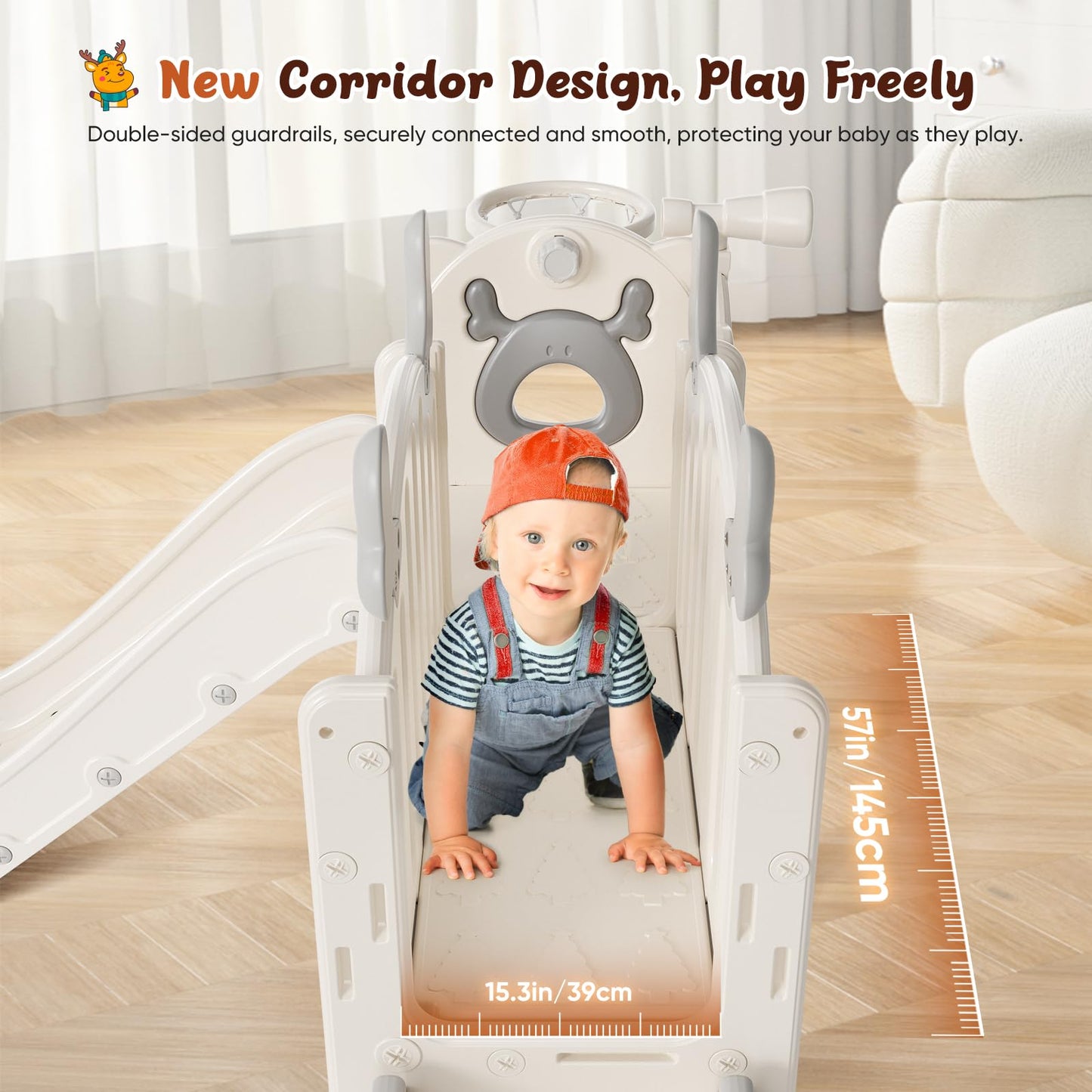 Krovtoy Kleinkindrutsche mit Weihnachtselch-Motiv, freistehende Kleinkindrutsche mit Golf-Set, Babyrutsche, Spielplatzgerät, für den Innen- und Außenbereich (Grau Beige - 6 in 1)