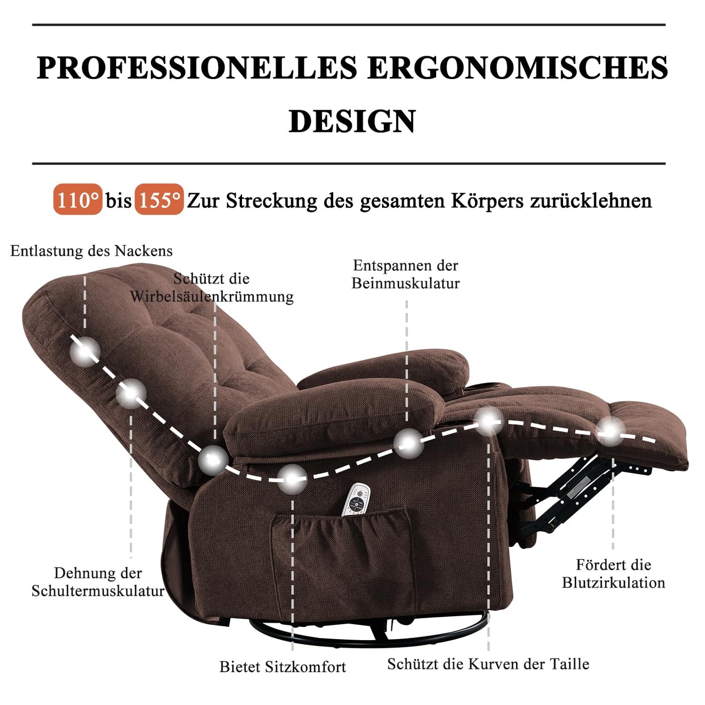 Bosmiller Relaxsessel mit Liegefunktion Massagesessel Oversize Fernsehsessel 360°Drehbarer Liegesessel Heizung Verstellbar Sessel Stoff