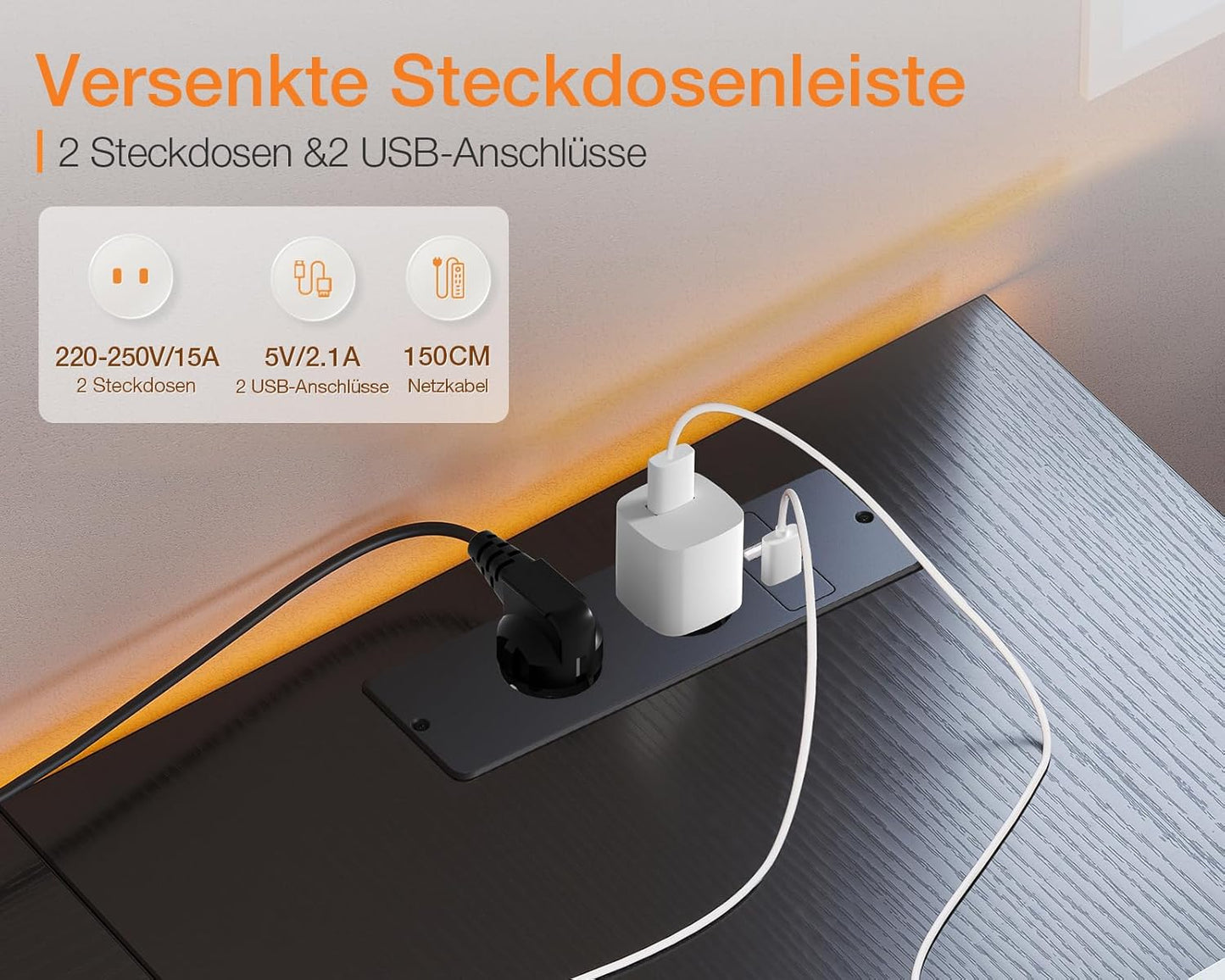 ODK Gaming Tisch, Reversibel Gaming Schreibtisch mit 2 Steckdosen und 2 USB Ladeanschluss, Eckschreibtisch für Office und Gaming, Weiß, 150×102cm