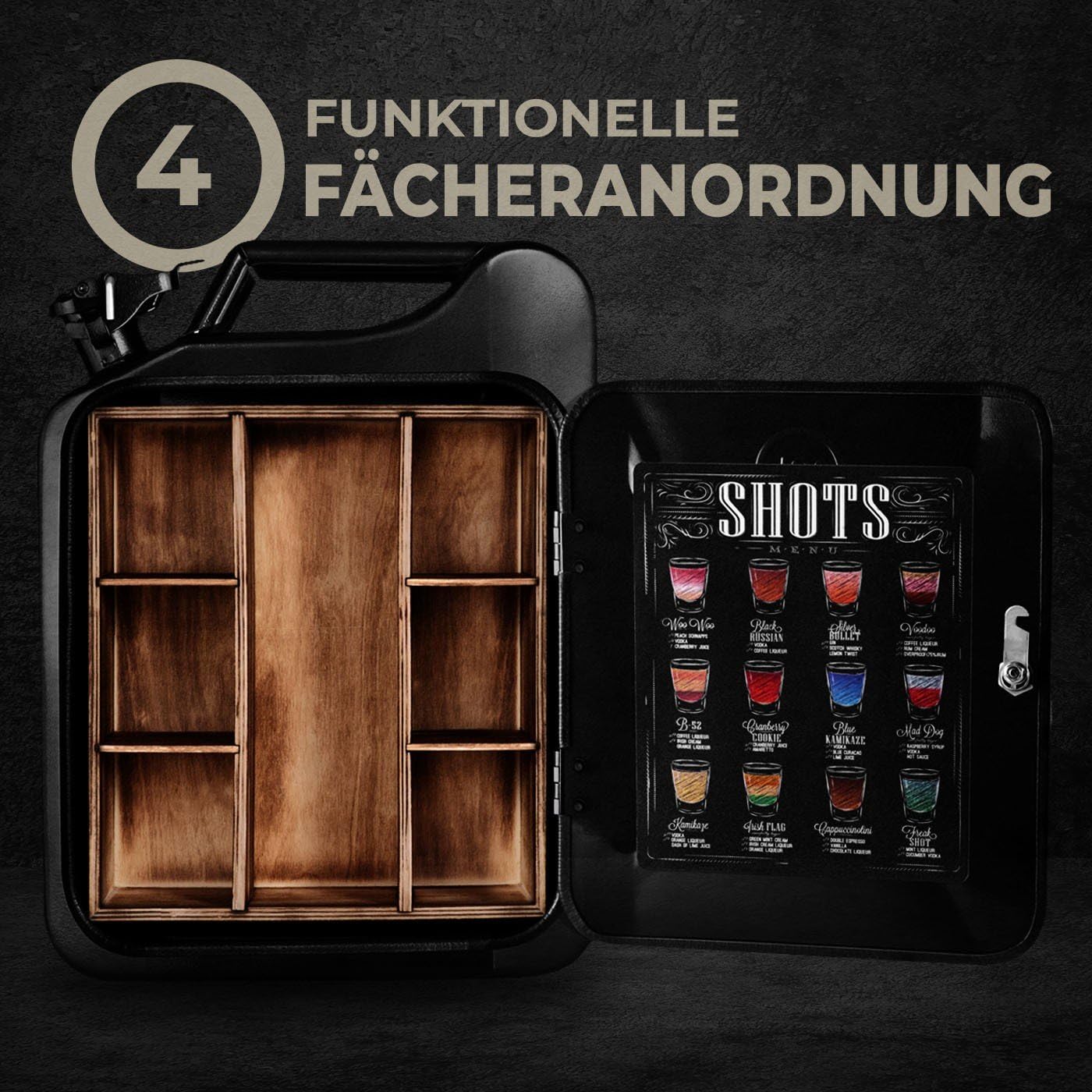 Maverton 20L Kanister Mini Bar mit Gravur - Jerrycan schwarzer Metall Mobile Bar - Geburtstagsgeschenk für Männer personalisierte Geschenke für Männer - Abschließbarer Minibar - Größe: 36x47x18cm