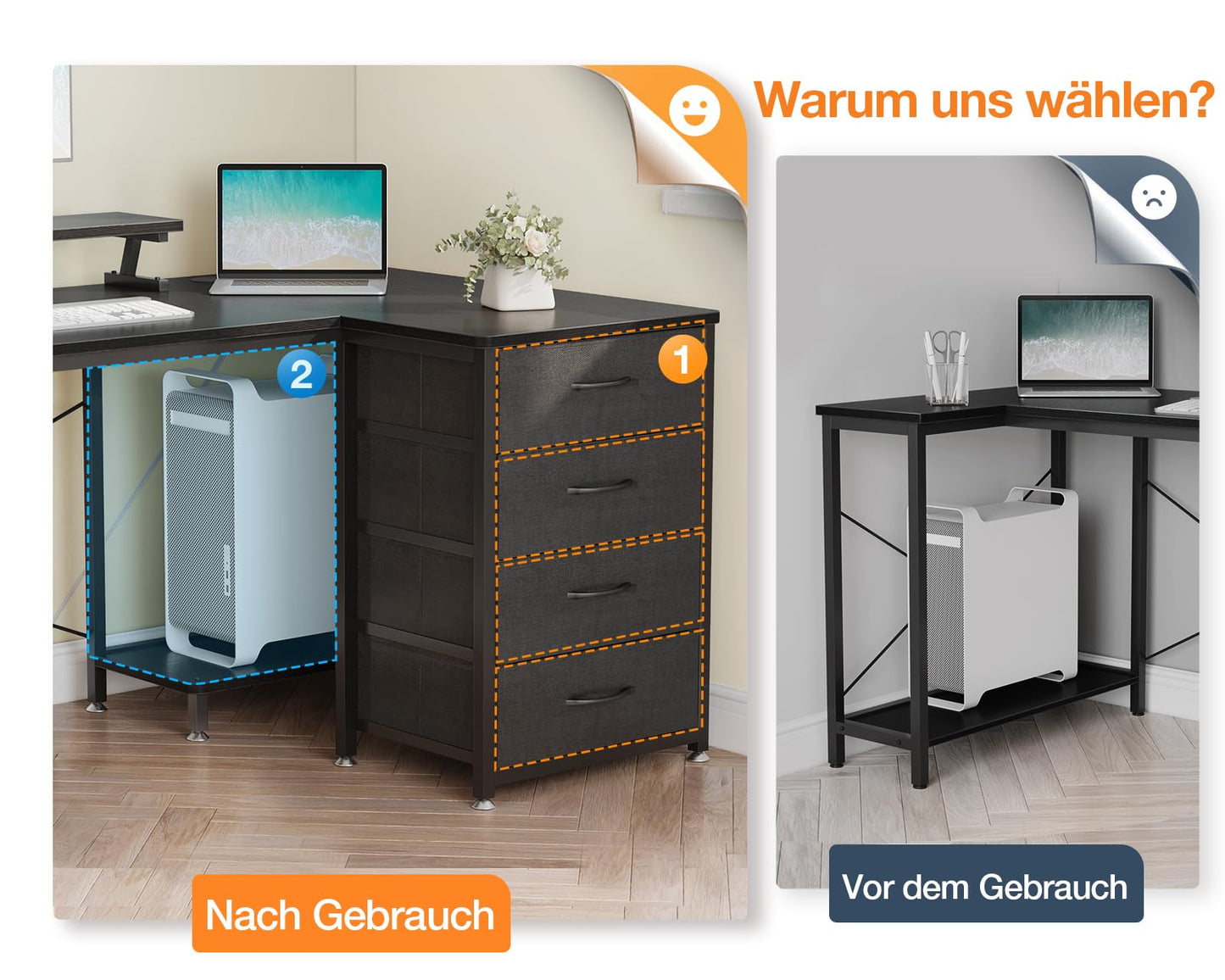 ODK Eckschreibtisch mit 4 Stoff Schubladen, 160x80cm Reversible Schreibtisch L Form mit 2 Steckdosen und 2 USB Ladeanschluss, Gaming Tisch L Form mit LED&Monitorständer für Home Office, Schwarz