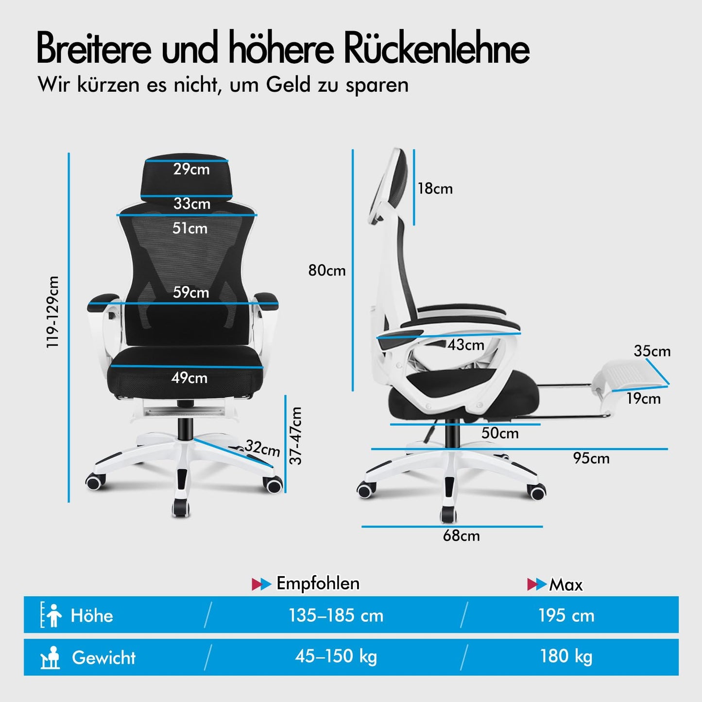 ALFORDSON Bürostuhl, Lendenstütze, Atmungsaktives Netz und Stoff, Hochklappbare/Verstellbare Armlehnen, Hochwertiger Schaumstoff, 180kg für Zuhause & Gaming, Wale, Schwarz