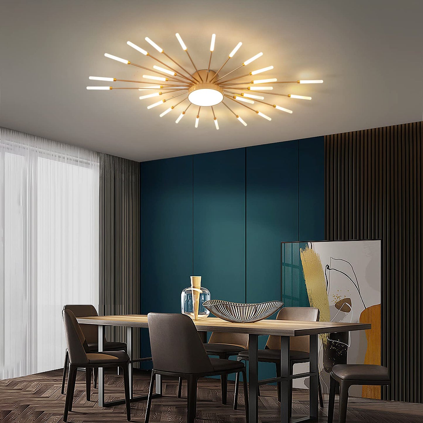 minifair Moderne LED-Deckenleuchte, 12 + 1 Köpfe, halbbündige Deckenleuchte, goldene Kronleuchter, Deckenbeleuchtung für Schlafzimmer, Wohnzimmer, Küche, Esszimmer, Restaurant