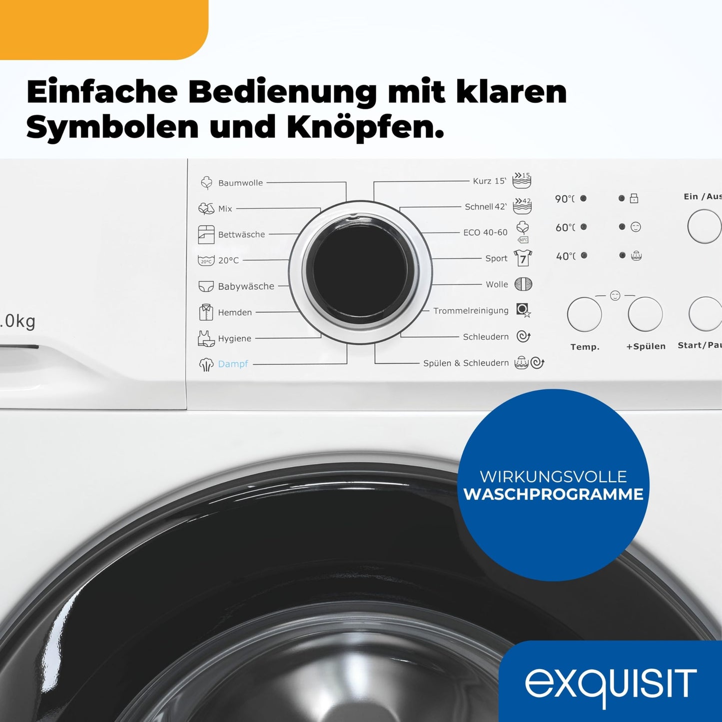 Exquisit Waschmaschine 6kg, Energieeffizienzklasse A, max. 1000 U/min, ECO 40-60, Kurzprogramm, Kindersicherung, 16 Waschprogramme, WA56110-020A weiss