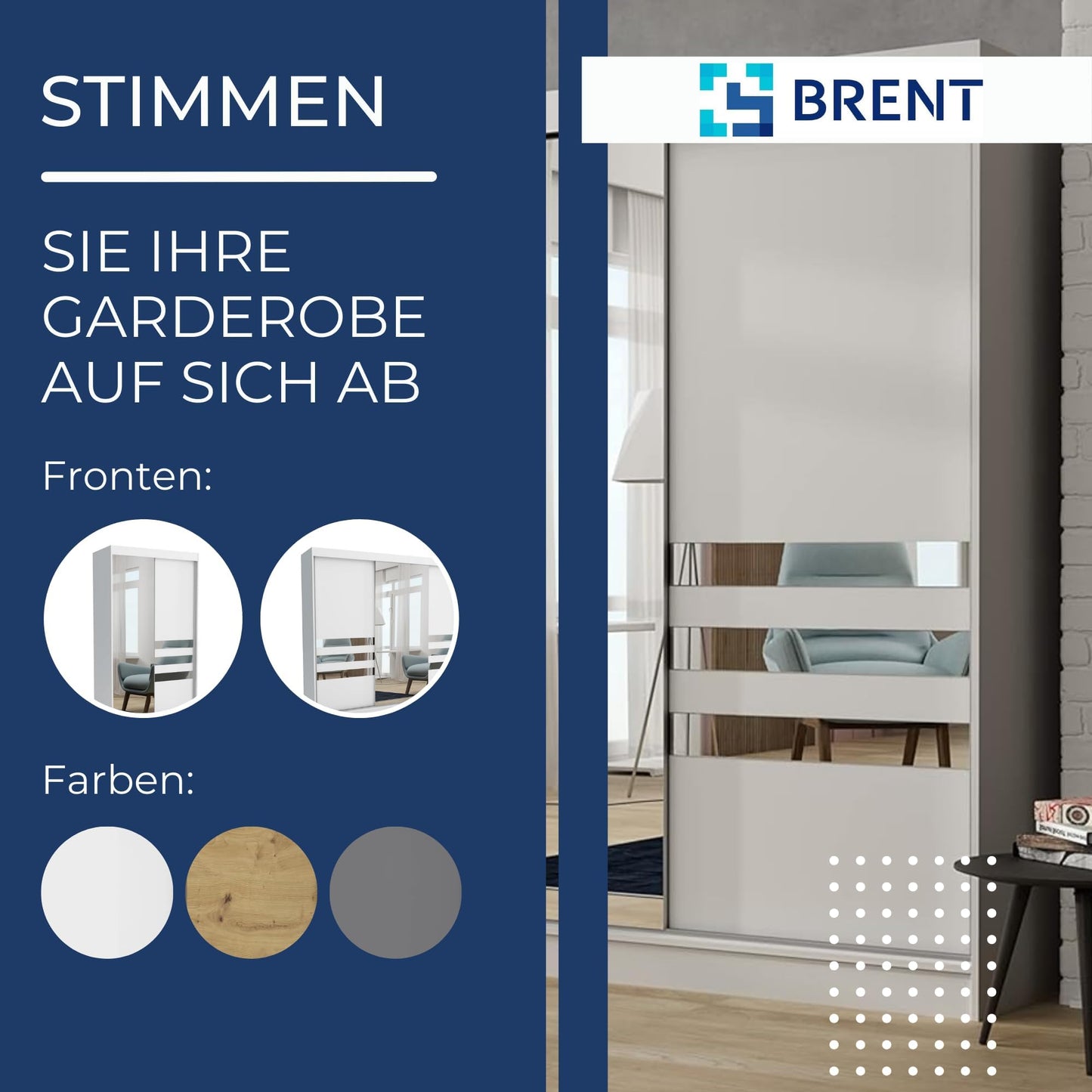Brent - Kleiderschrank mit Spiegel Henry, 250cm Breit, Schlafzimmerschrank mit 1 Kleiderstange und Einlegeböden für Kleidung, Kleiderschrank Grau
