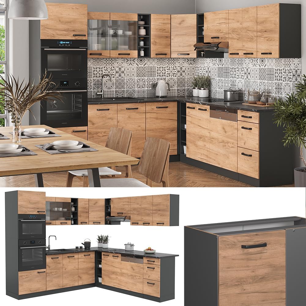 Vicco R-Line Fitted Kitchen Cabinets Anthracite Kitchen Furniture (Anthracite / White High Gloss, Corner 247 x 237 cm)