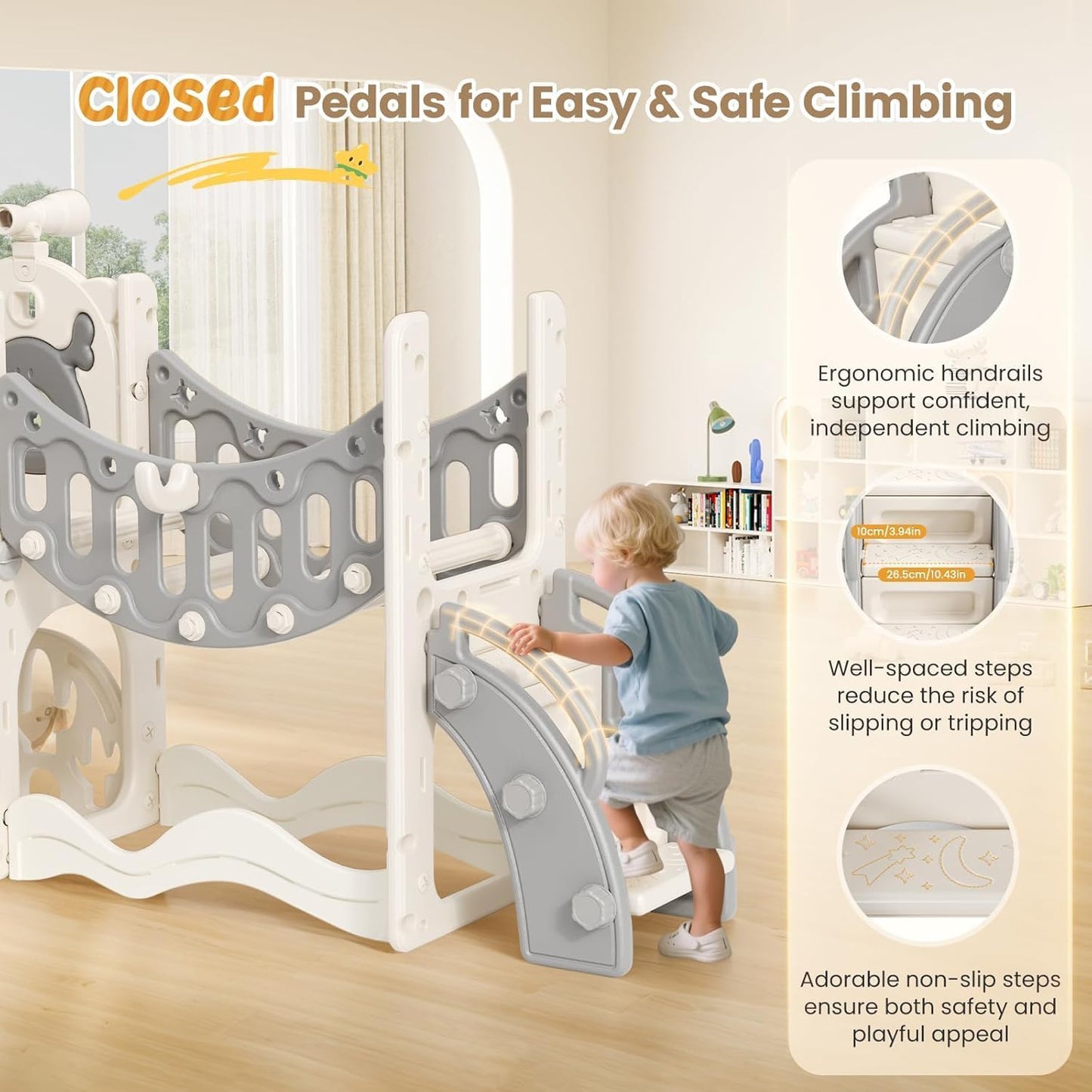 Children's Slide, Large Toddler Slide with Basketball Hoop, Climbing Frame for the Garden, Telescope, Storage Space, for 1-3 Years, Extra Long 1700 mm (7-in-1 Elk Slide Active Model (Khaki)))
